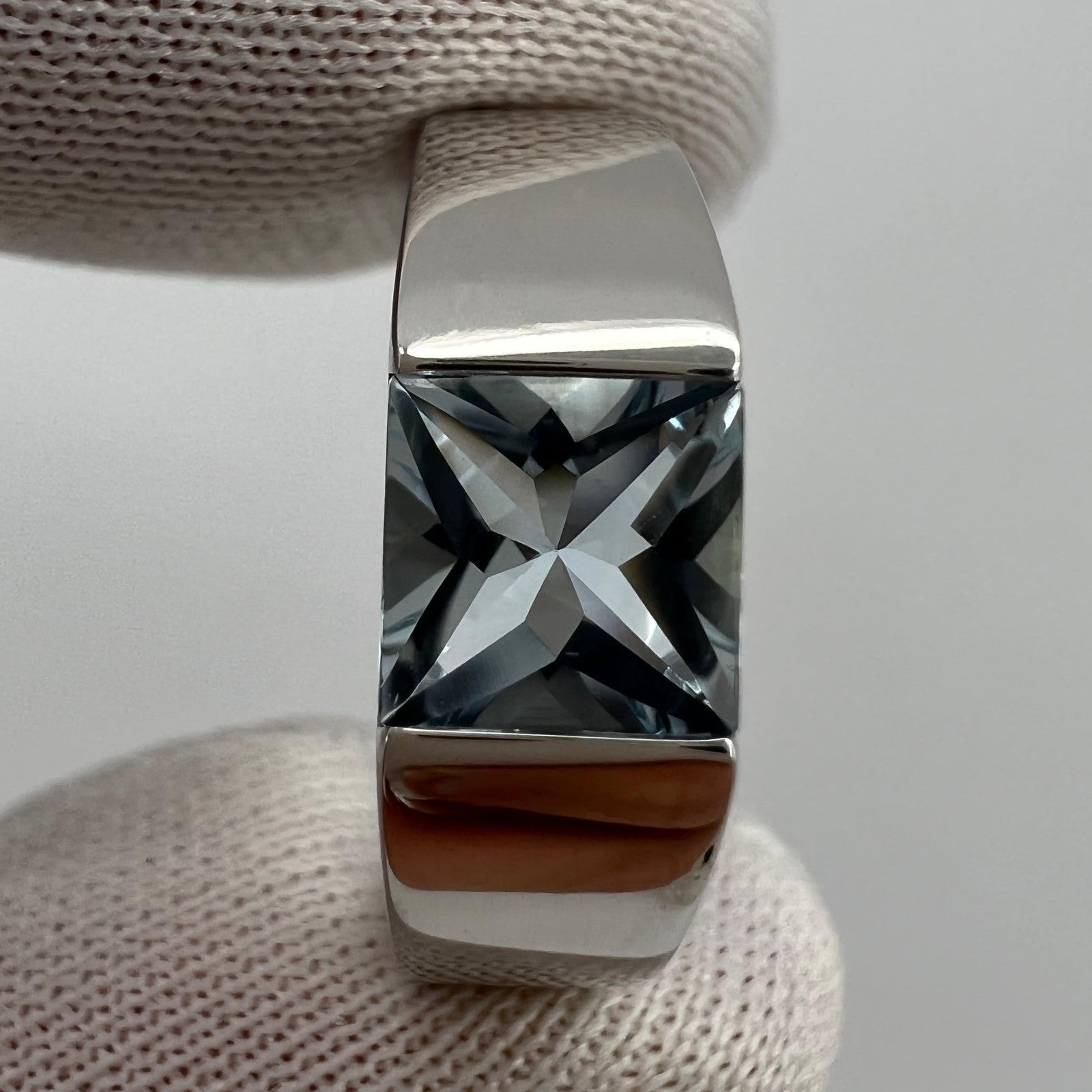 Vintage Cartier Blue Aquamarine Square Cushion Cut 18k White Gold Tank Ring 51 L — view 5