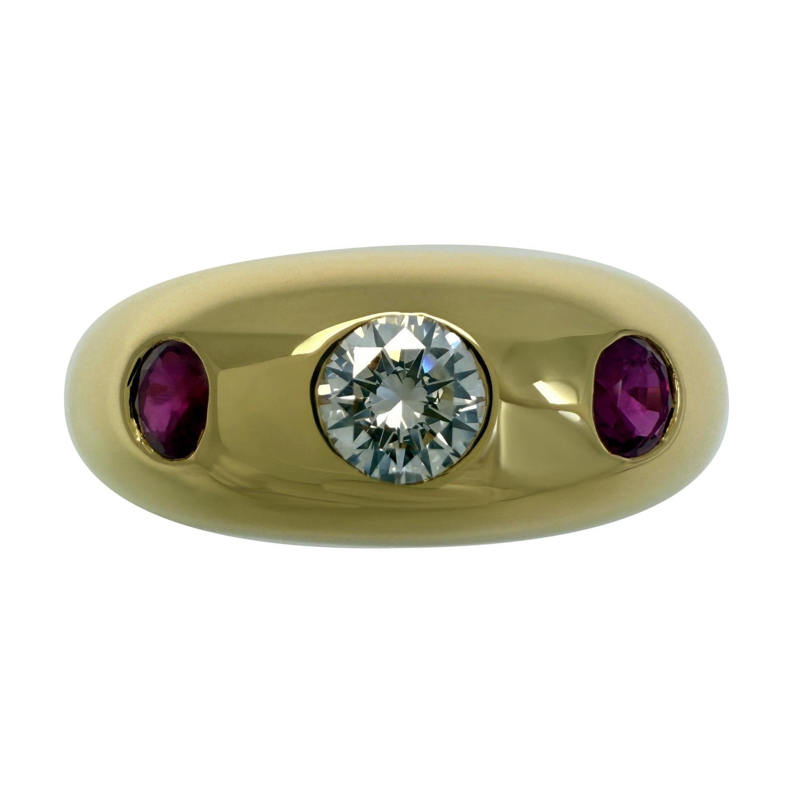 Vintage Cartier Diamond Ruby Daphne 18k Yellow Gold Three Stone Domed Ring EU52