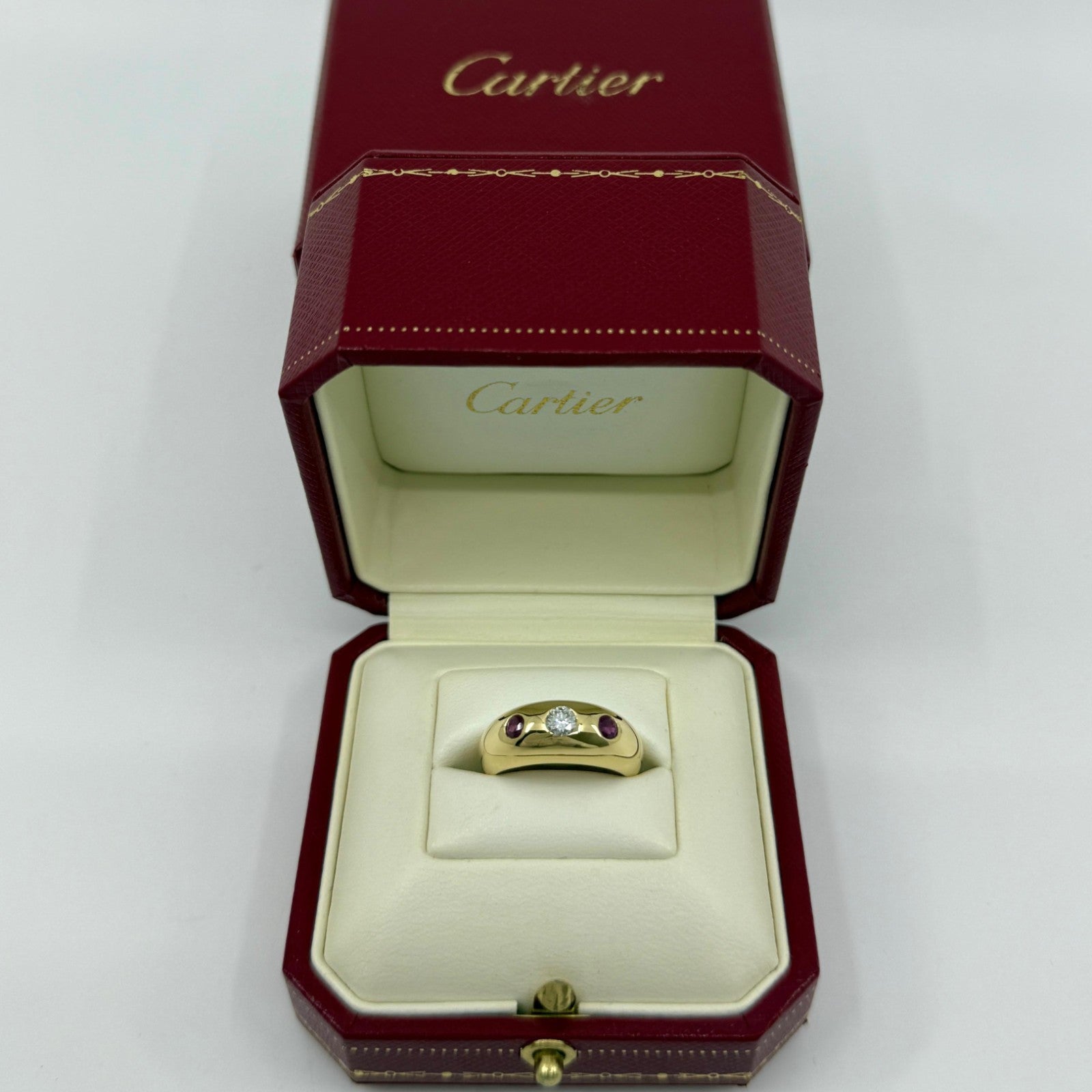 Vintage Cartier Diamond Ruby Daphne 18k Yellow Gold Three Stone Domed Ring EU52 — view 2