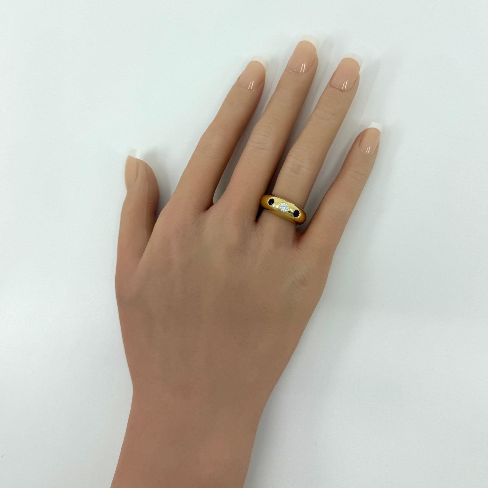Vintage Cartier Diamond Ruby Daphne 18k Yellow Gold Three Stone Domed Ring EU52 — view 4