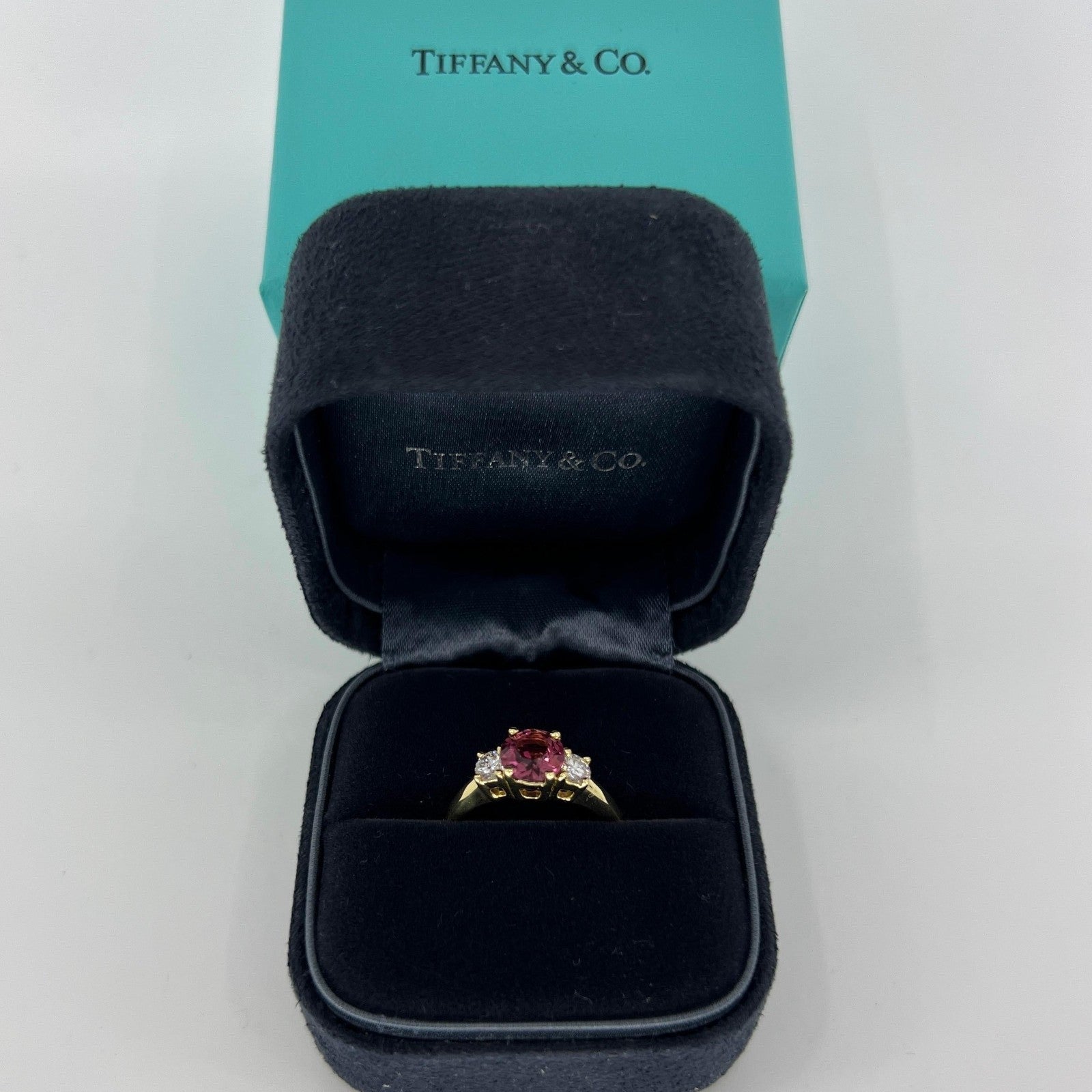 Vintage Tiffany & Co Pink Tourmaline & Diamond 18k Yellow Gold Three Stone Ring — view 2