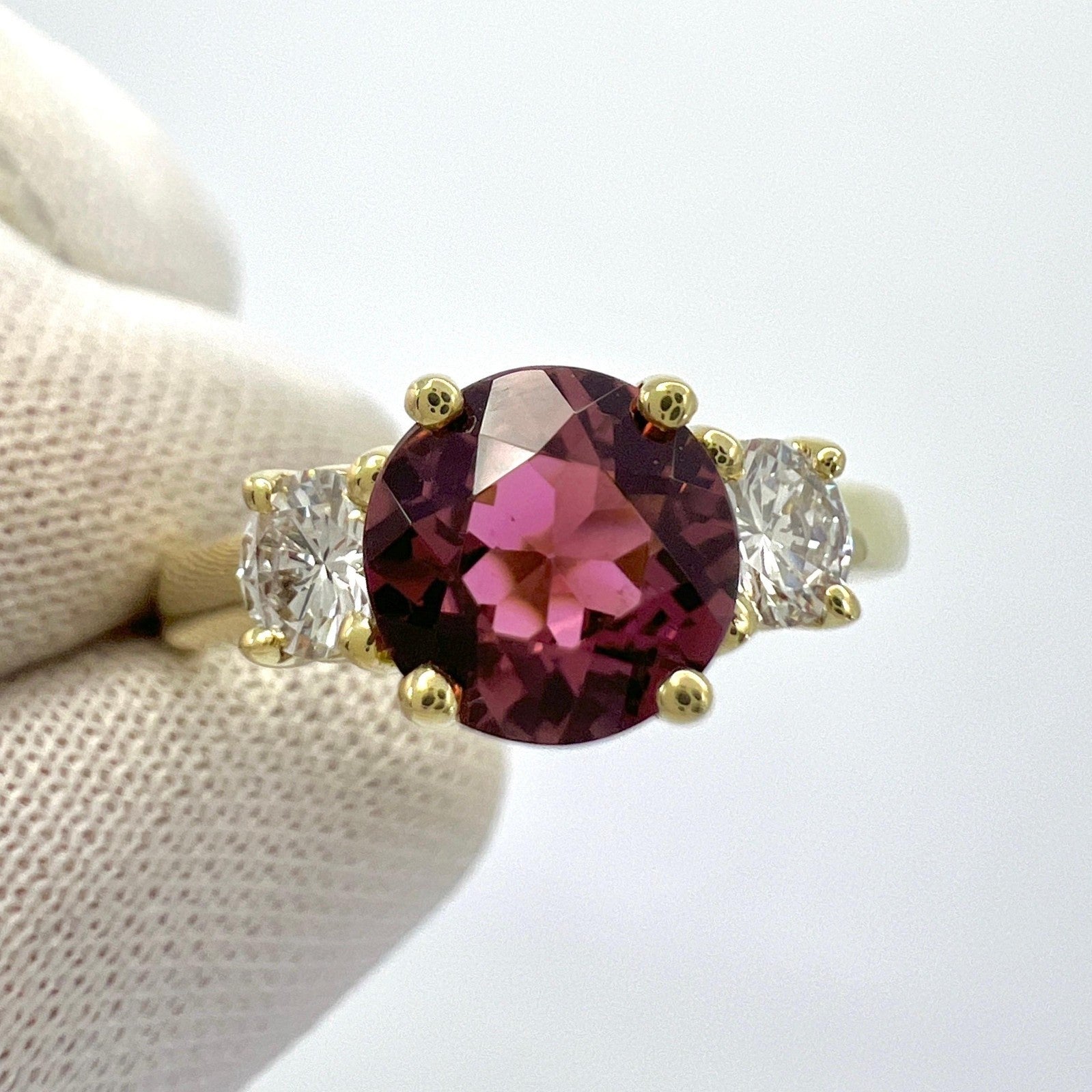 Vintage Tiffany & Co Pink Tourmaline & Diamond 18k Yellow Gold Three Stone Ring — view 4