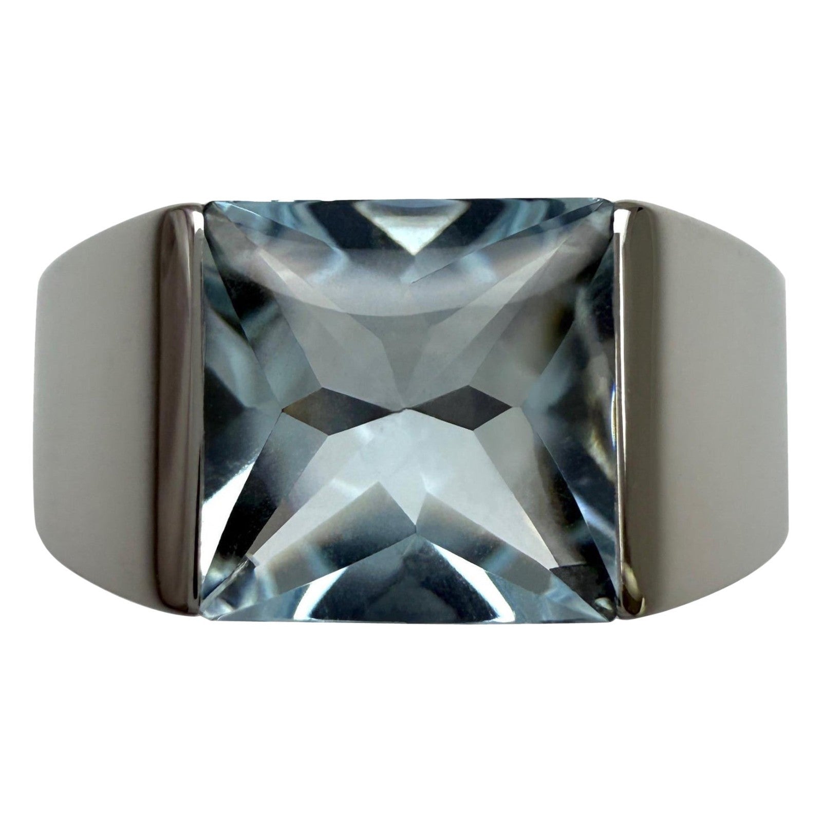 Large Size Cartier Blue Aquamarine Square Cushion Cut 18k White Gold Tank Ring