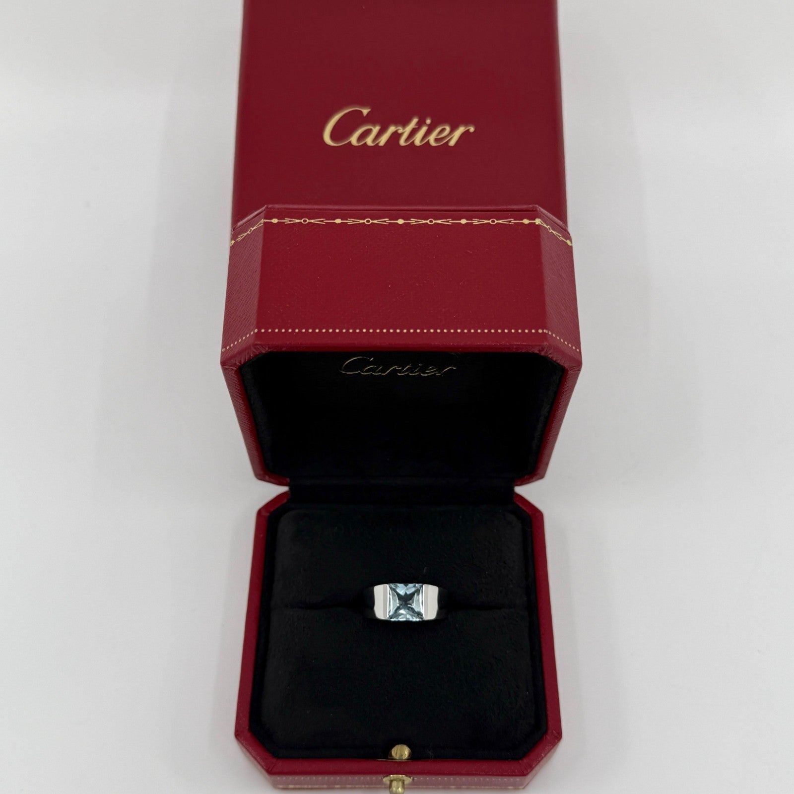 Large Size Cartier Blue Aquamarine Square Cushion Cut 18k White Gold Tank Ring — view 2