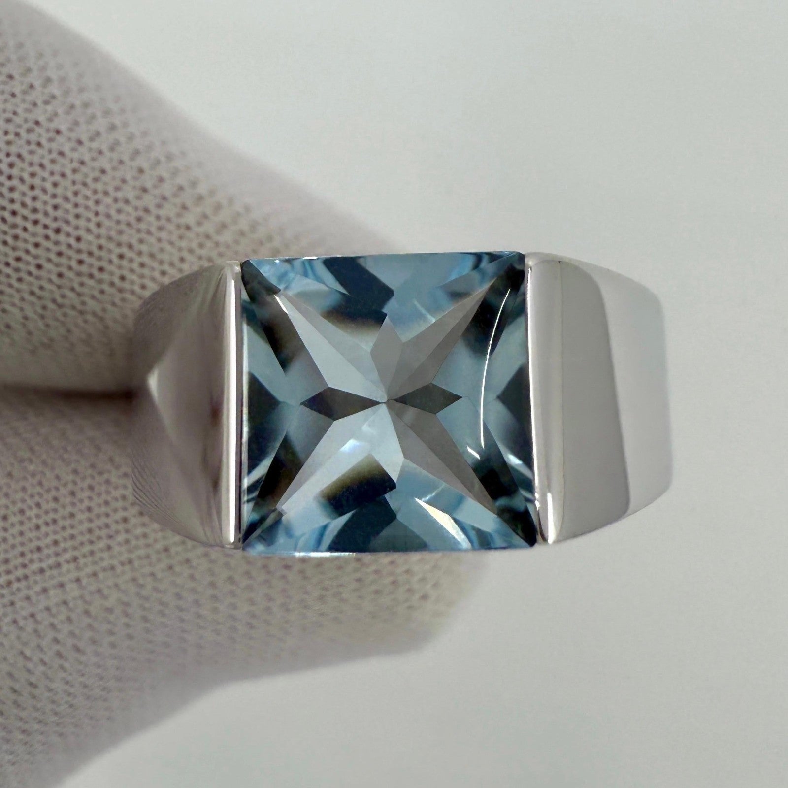 Large Size Cartier Blue Aquamarine Square Cushion Cut 18k White Gold Tank Ring — view 3