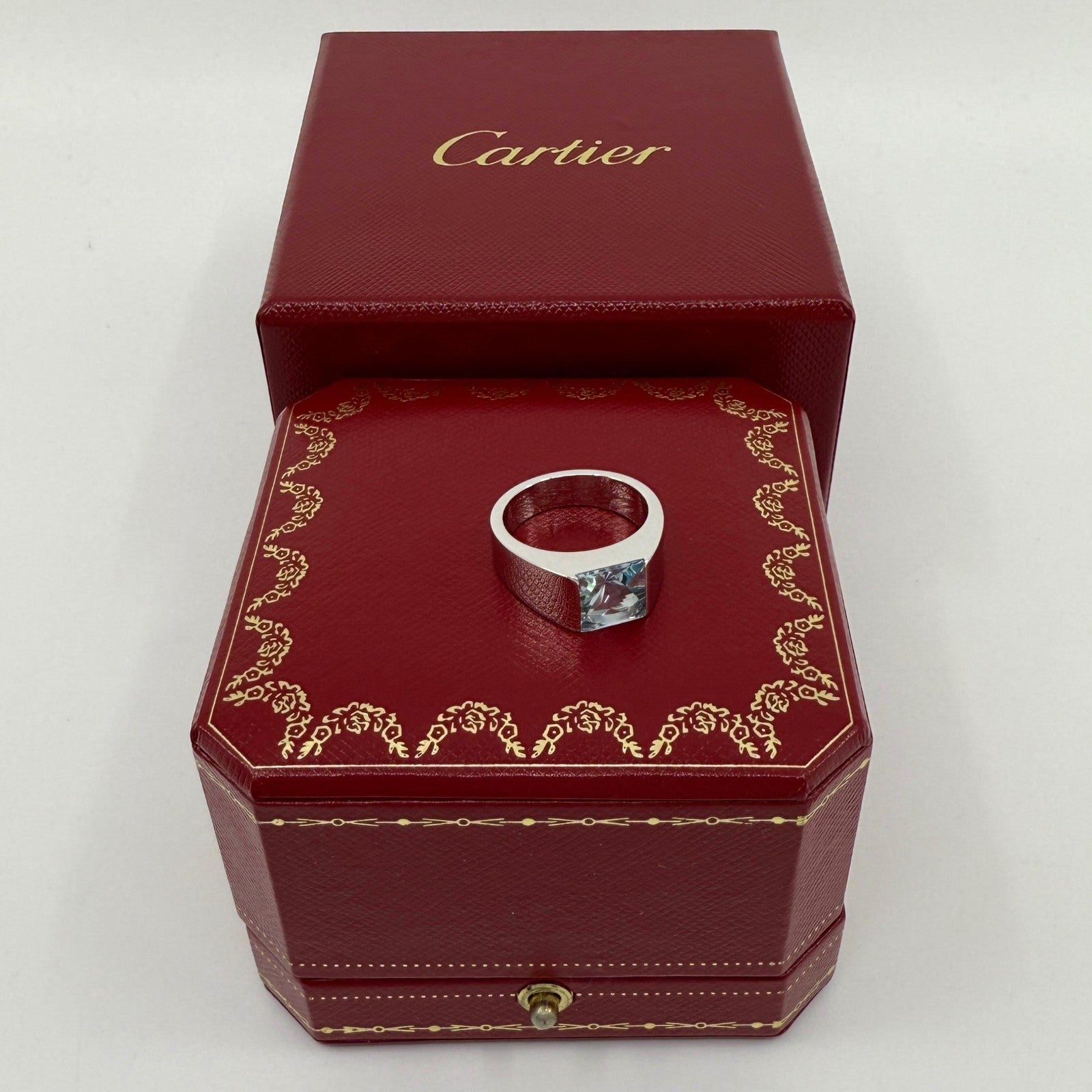Large Size Cartier Blue Aquamarine Square Cushion Cut 18k White Gold Tank Ring — view 4