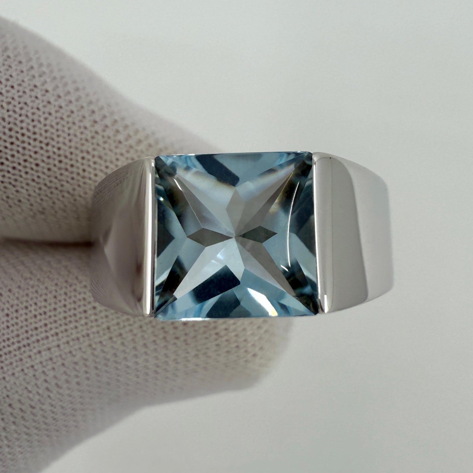 Large Size Cartier Blue Aquamarine Square Cushion Cut 18k White Gold Tank Ring — view 5