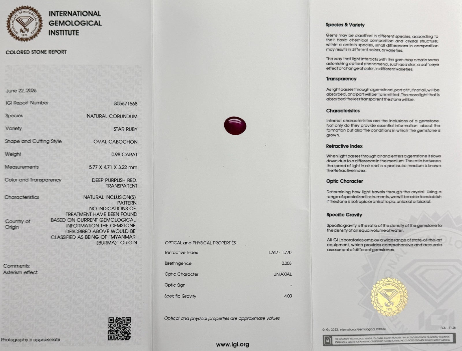Fine IGI CERTIFIED Myanmar Burma STAR Ruby UNTREATED 0.98ct RARE Gem — view 2
