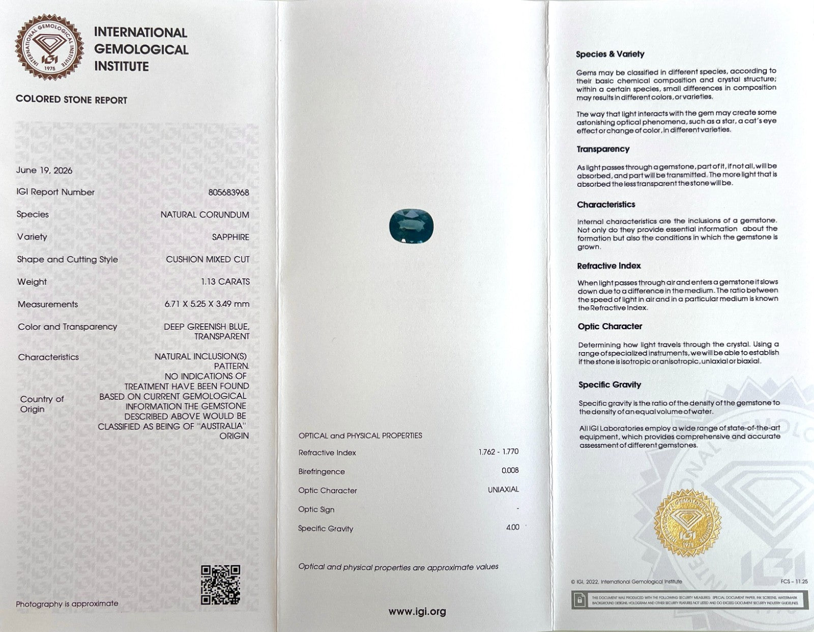 IGI CERTIFIED 1.13ct Sapphire AUSTRALIAN Deep Green Blue UNHEATED Cushion Gem — view 2