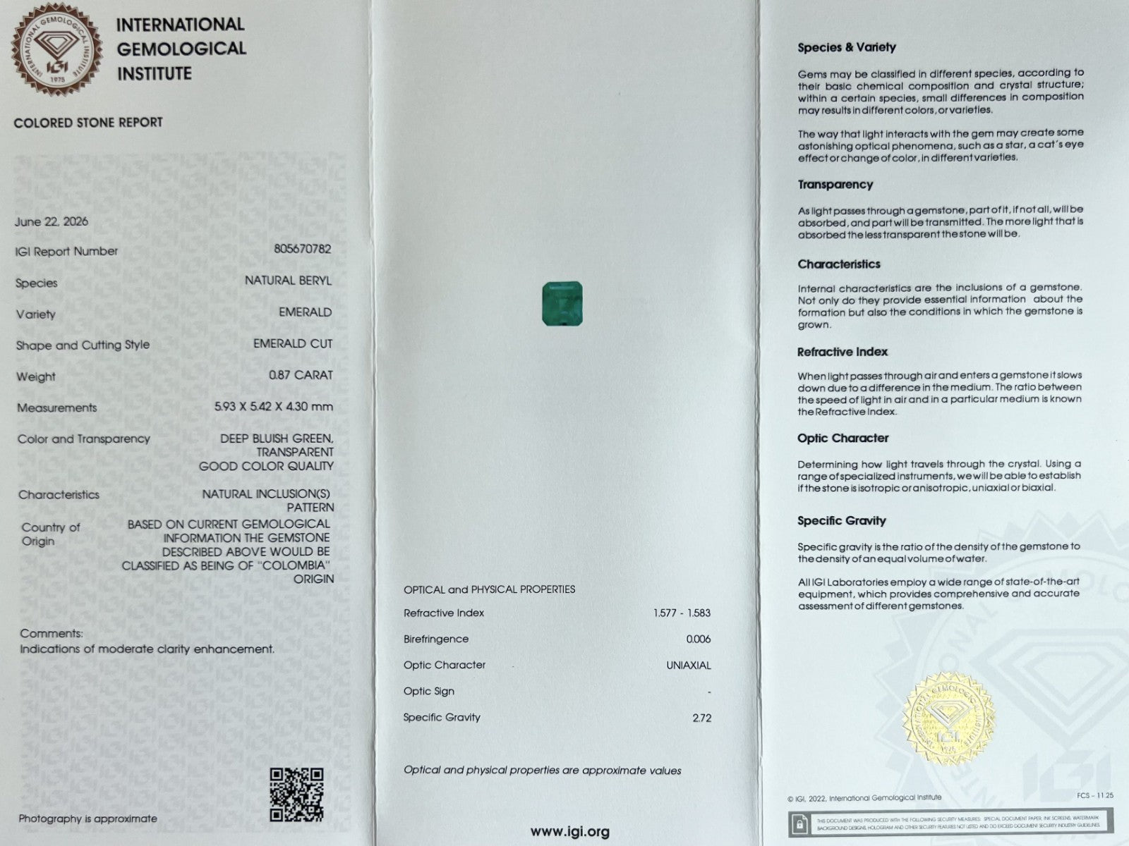 FINE IGI CERTIFIED Natural COLOMBIAN Emerald VIVID Green 0.87ct OCATGON Cut RARE — view 2