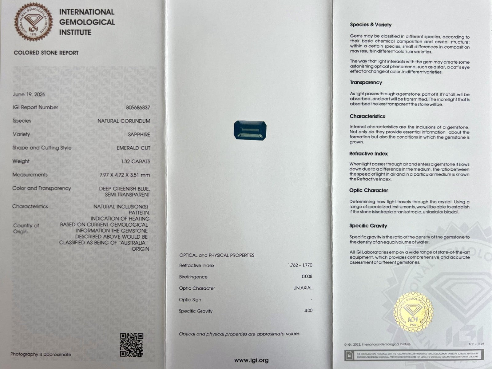 IGI CERTIFIED 1.32ct HAZY SILKY Australia Green Blue Sapphire Emerald Octagon — view 2