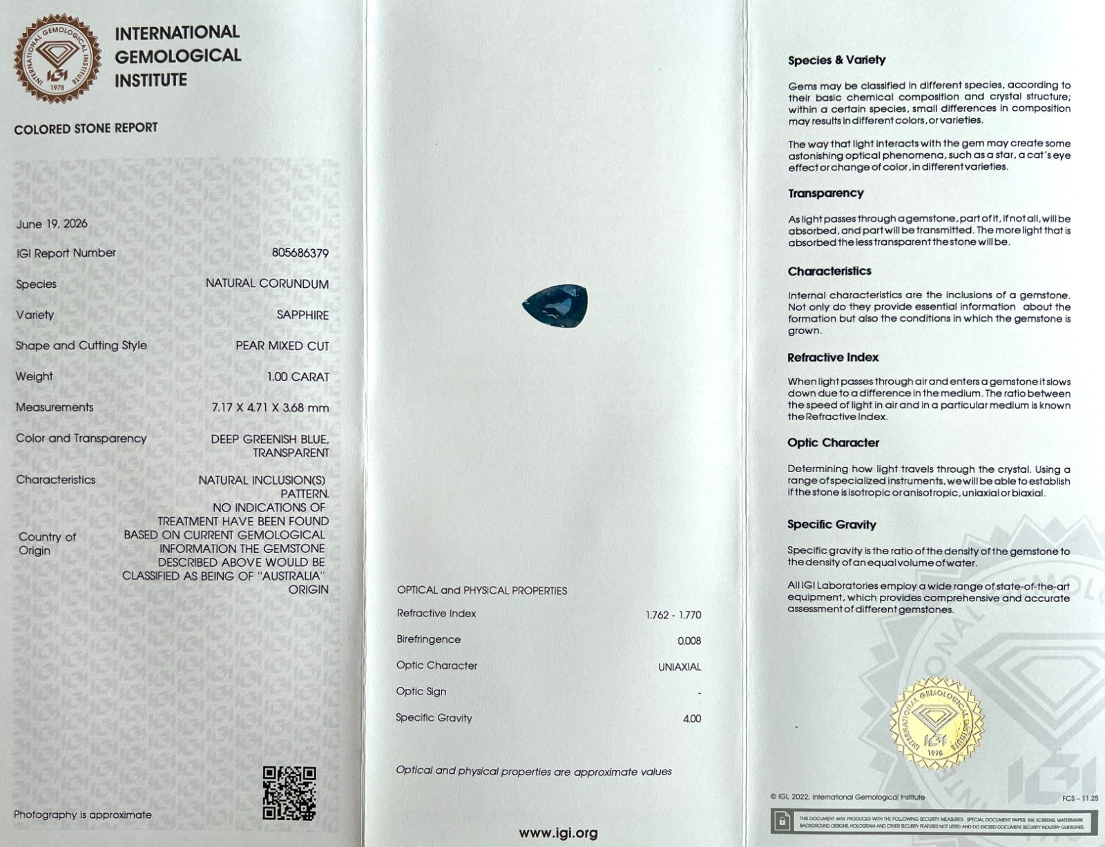IGI CERTIFIED 1.00ct AUSTRALIAN No Heat Greenish Blue Sapphire FANCY Pear Cut — view 2