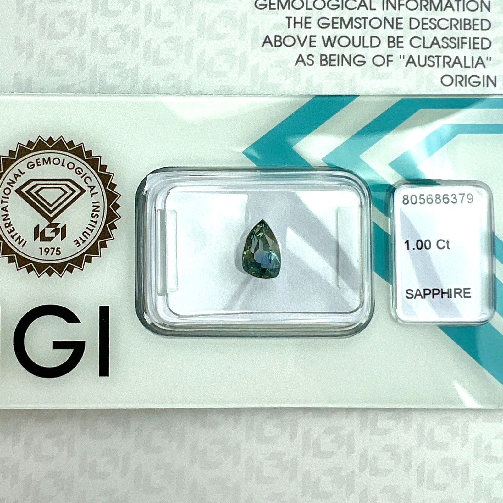 IGI CERTIFIED 1.00ct AUSTRALIAN No Heat Greenish Blue Sapphire FANCY Pear Cut — view 5