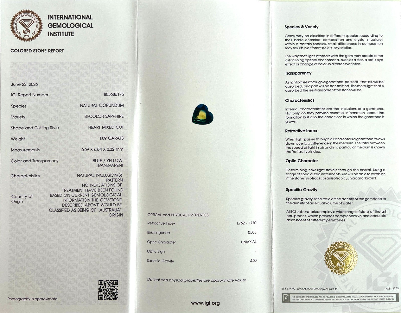 1.09ct Unique IGI CERTIFIED Bi Colour Blue Yellow AUSTRALIAN Sapphire UNTREATED — view 2