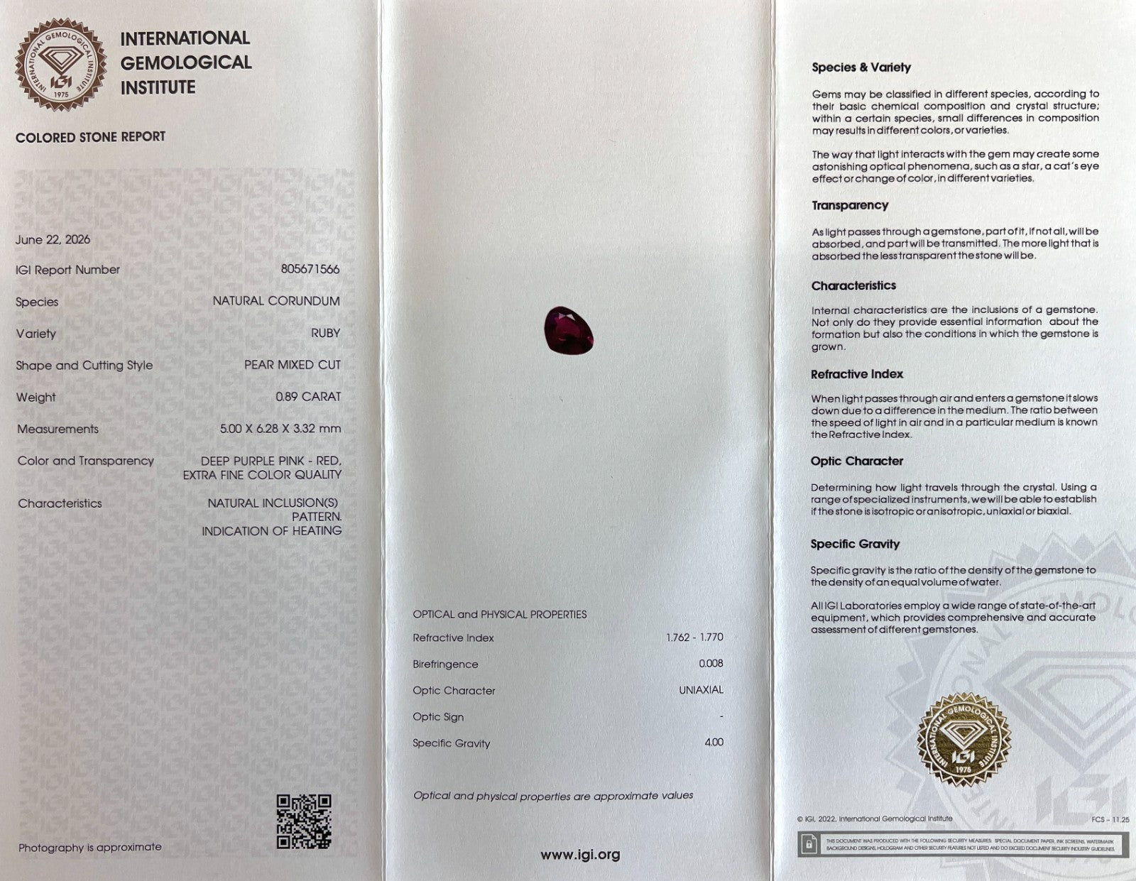 FINE IGI CERTIFIED Deep Purple Pink Red Ruby 0.89ct PEAR Cut RARE Gemstone — view 2