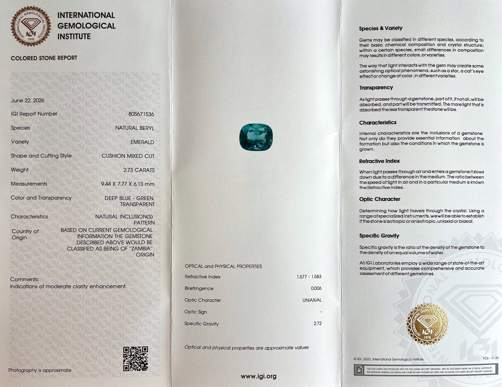 IGI CERTIFIED 2.73ct Deep Blue Green Emerald Cushion Cut ZAMBIA Rare Gemstone — view 2