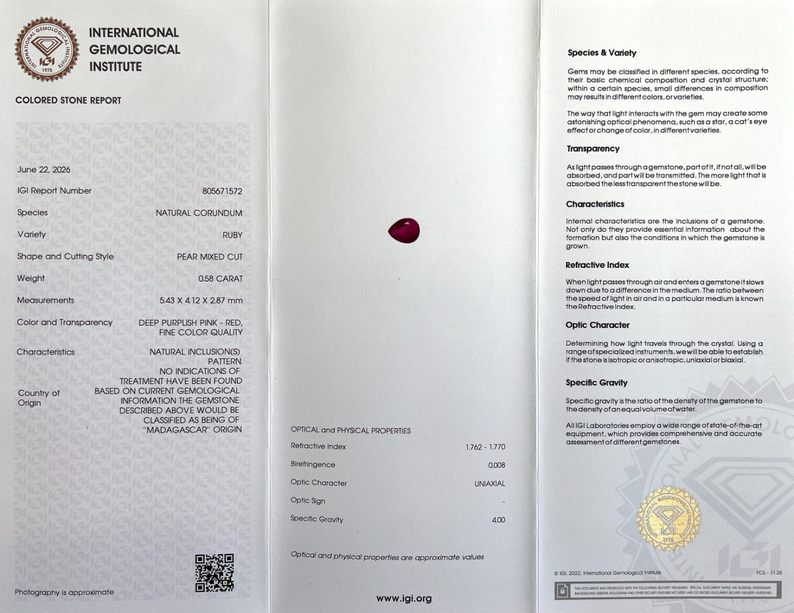 FINE IGI CERTIFIED Deep Purple Pink Red Ruby 0.58ct PEAR Cut UNHEATED Gem — view 2