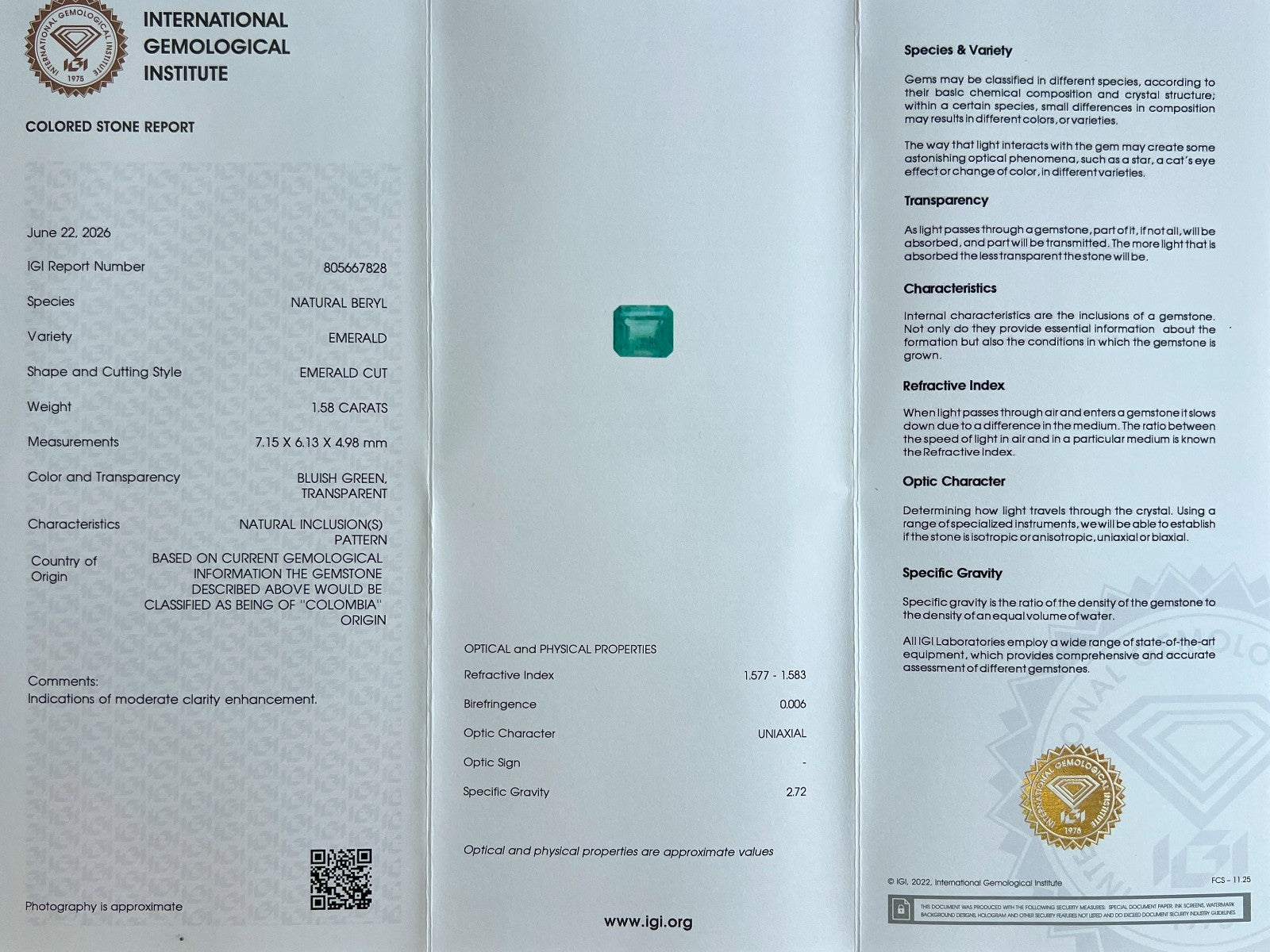 IGI CERTIFIED 1.58ct COLOMBIAN Emerald Light Green Octagon Cut RARE Blister Gem — view 3