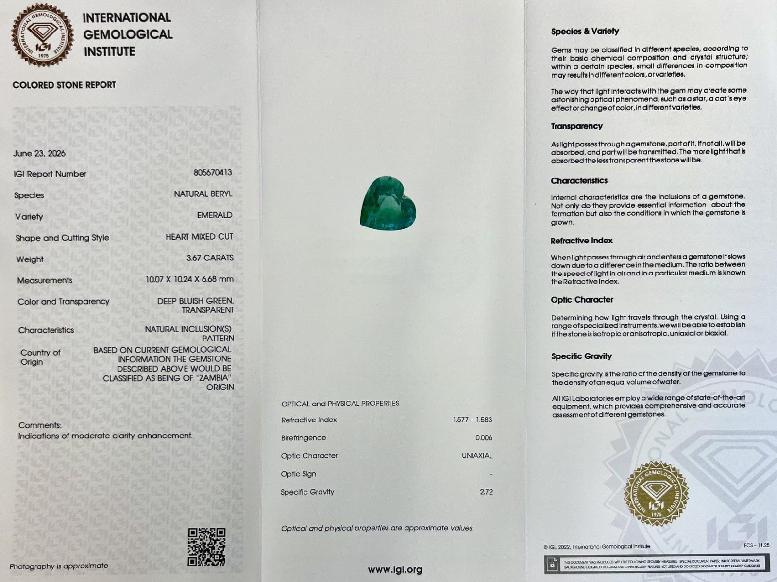 IGI CERTIFIED 3.67ct Natural DEEP Green Emerald ZAMBIA Heart Cut 10mm RARE Gem — view 2