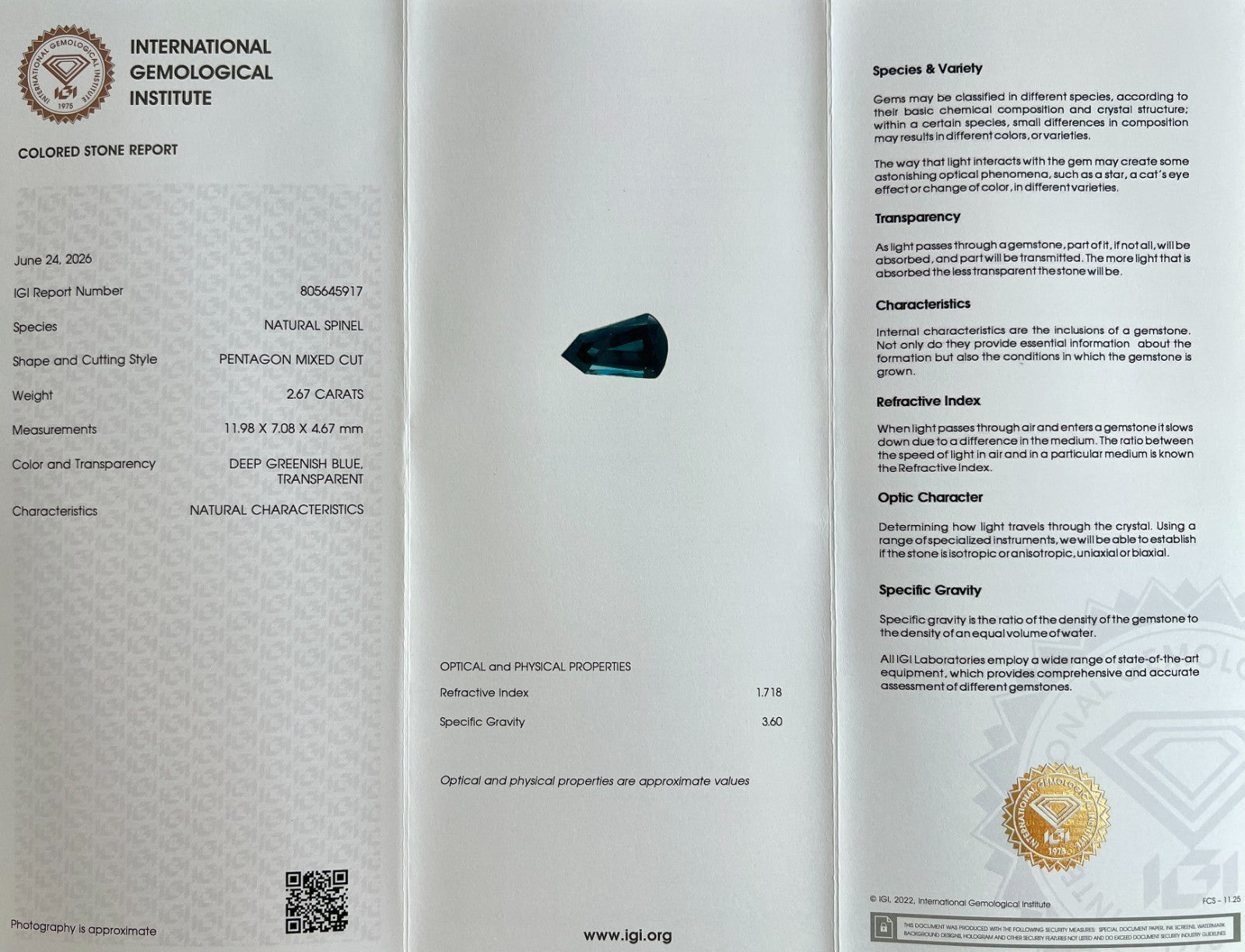 IGI CERTIFIED 2.67ct NATURAL Deep Green Blue Spinel FANCY Pentagon Cut Gem — view 2