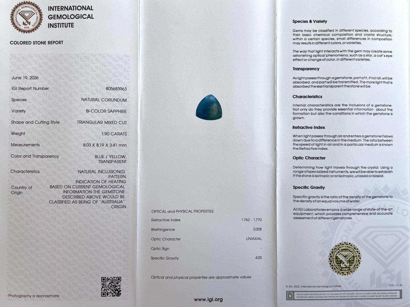 NATURAL 1.90ct IGI Certified Bi Colour Blue Yellow AUSTRALIAN Sapphire TRILLION — view 3