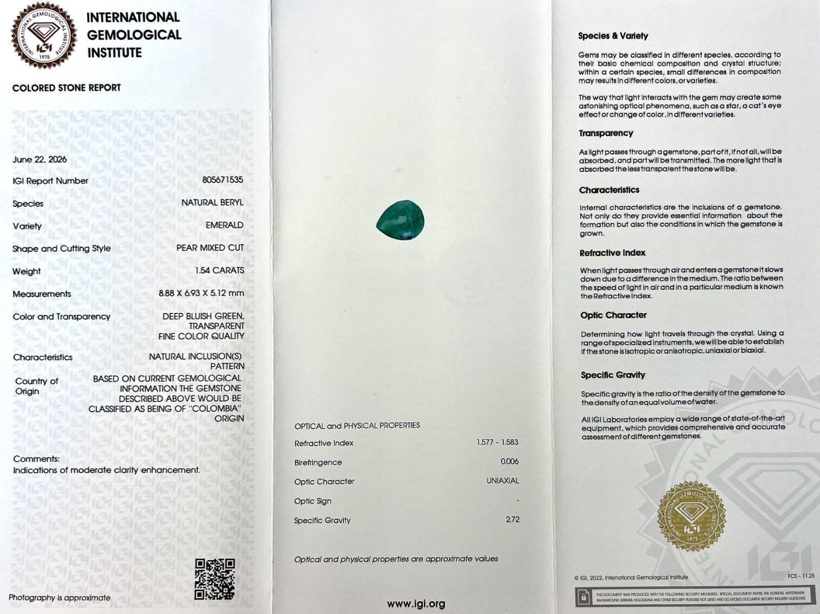 Fine IGI CERTIFIED 1.54ct COLOMBIAN Emerald Vivid Green Pear Cut Gem 8.8x6.9mm — view 2