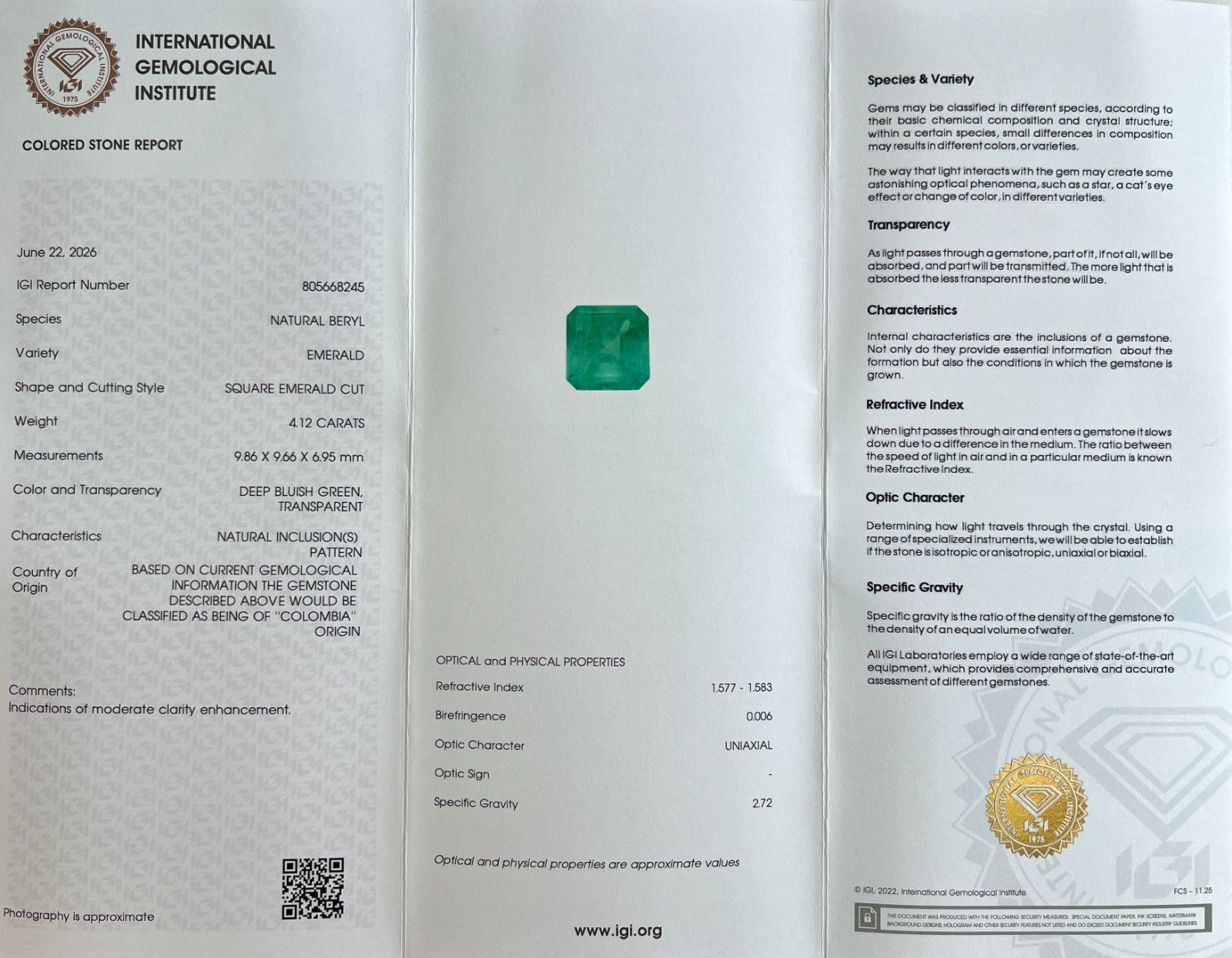 IGI CERTIFIED 4.12ct COLOMBIAN Emerald VIVID Blue Green Octagon Cut Gem — view 2