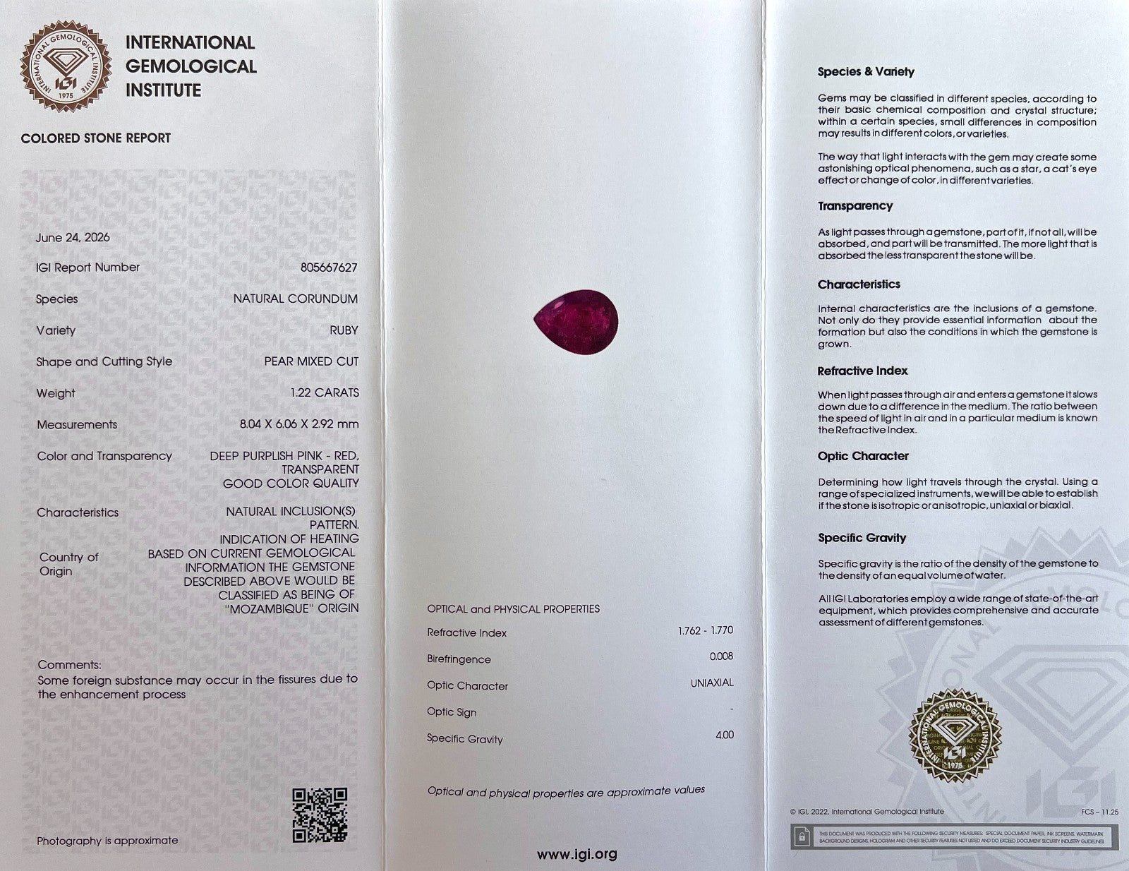 IGI CERTIFIED 1.22ct Pink Red Ruby PEAR Cut Mozambique RARE Blister Gemstone — view 2