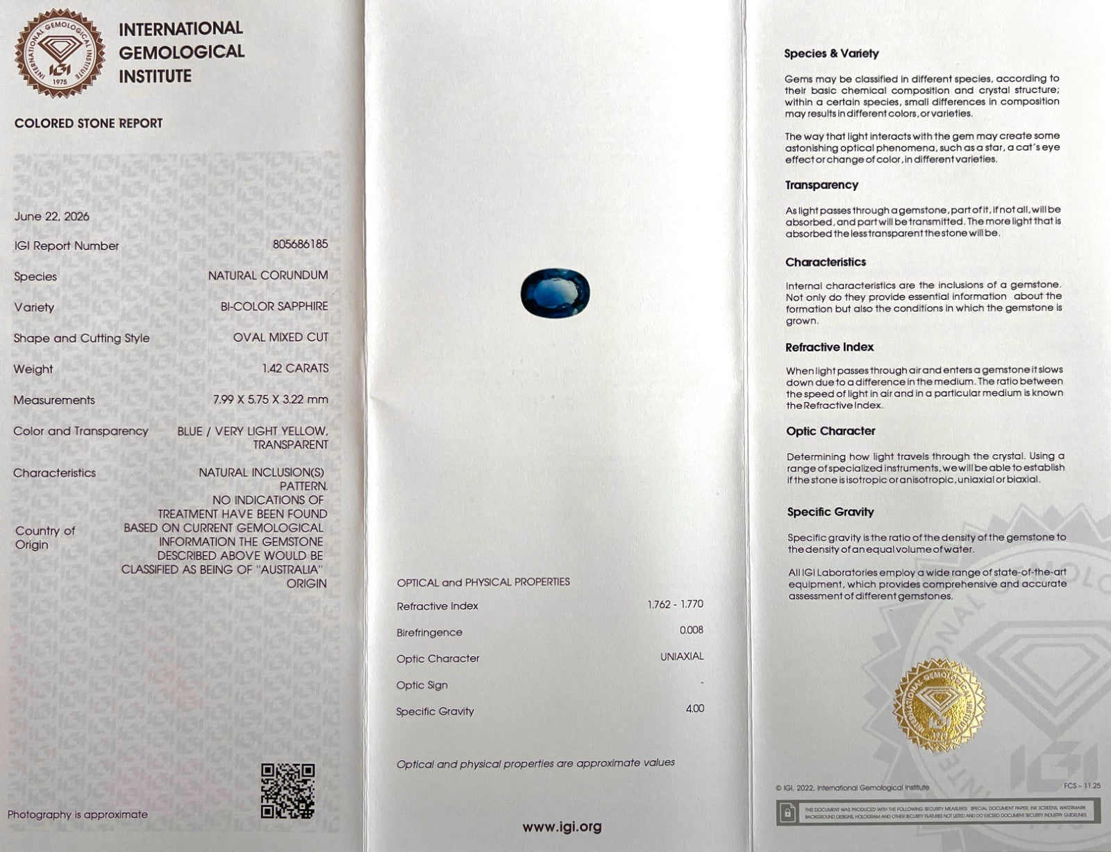 Untreated IGI CERTIFIED Bi Colour Sapphire 1.42ct Blue Yellow AUSTRALIAN Oval — view 2