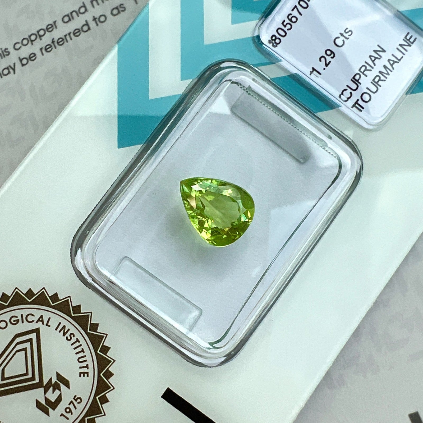 1.29ct IGI CERTIFIED Yellow Green NATURAL Cuprian PARAIBA Tourmaline Pear Cut — view 1