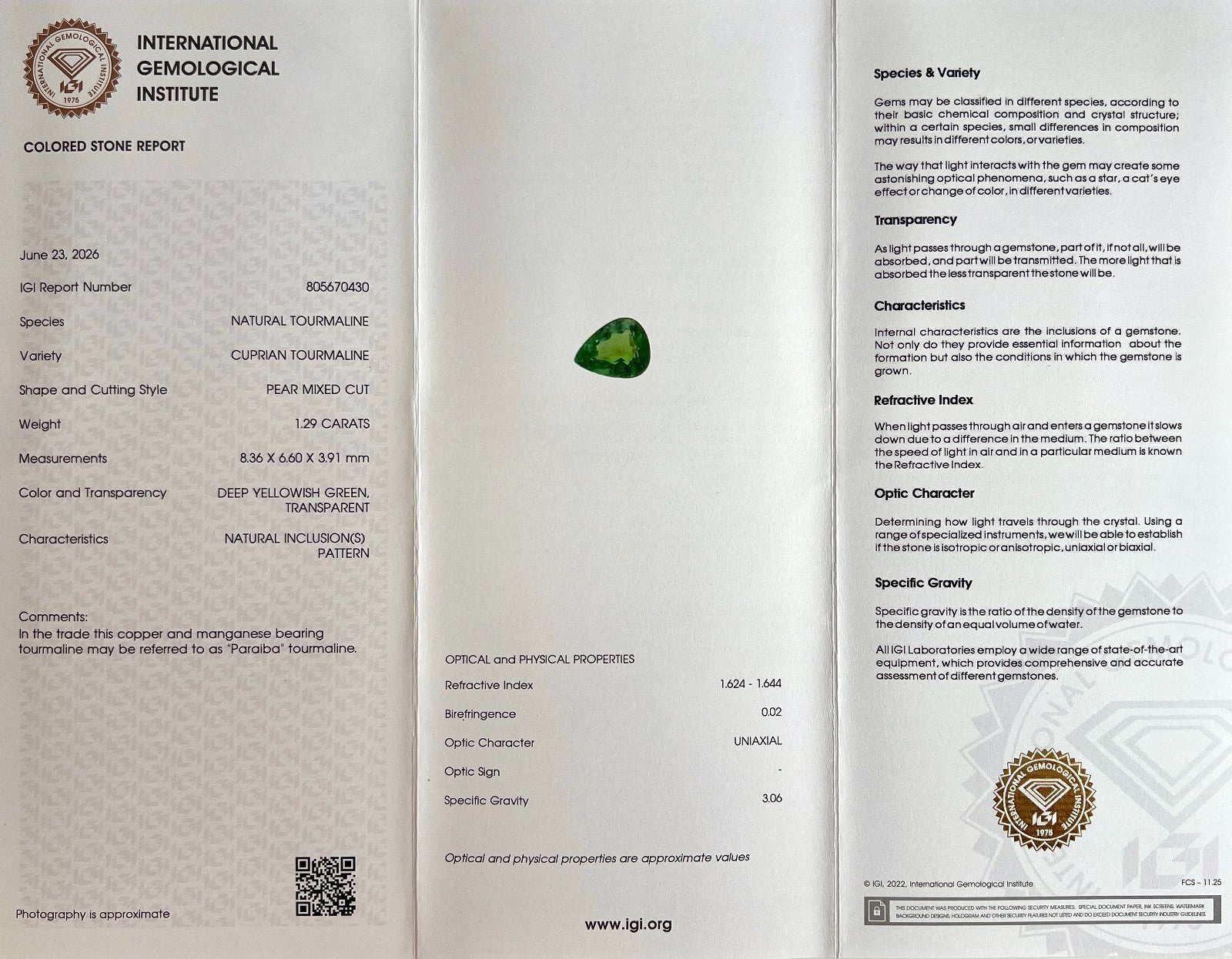 1.29ct IGI CERTIFIED Yellow Green NATURAL Cuprian PARAIBA Tourmaline Pear Cut — view 2