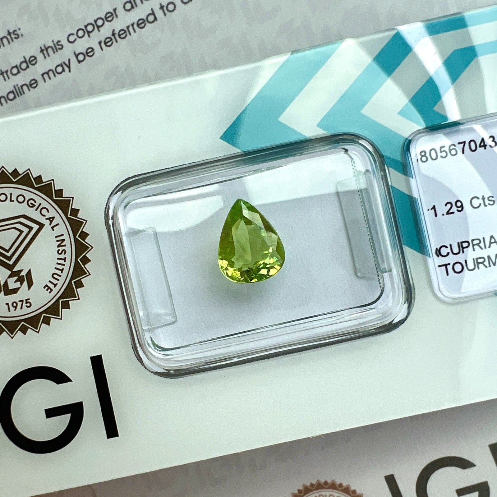 1.29ct IGI CERTIFIED Yellow Green NATURAL Cuprian PARAIBA Tourmaline Pear Cut — view 3