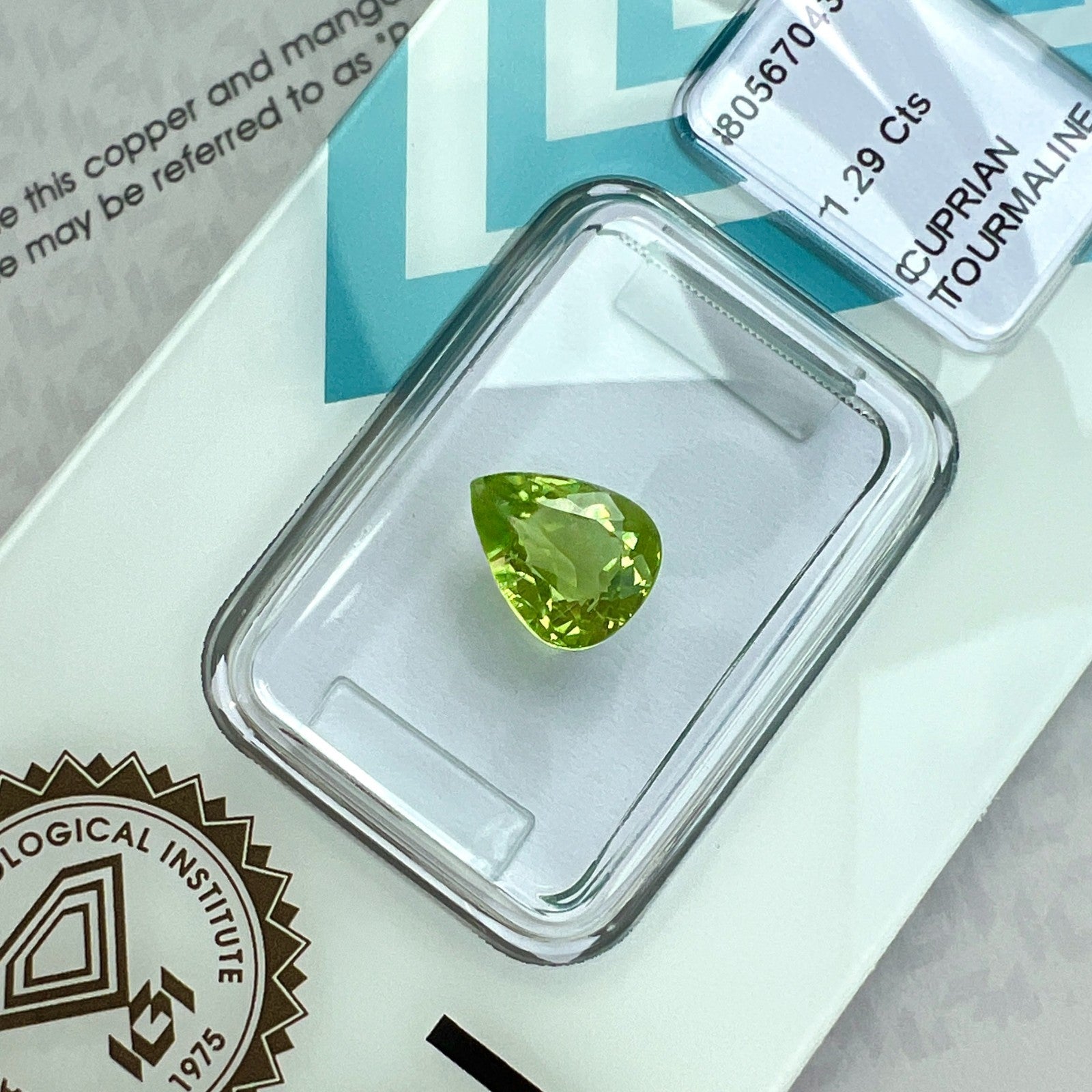 1.29ct IGI CERTIFIED Yellow Green NATURAL Cuprian PARAIBA Tourmaline Pear Cut — view 4