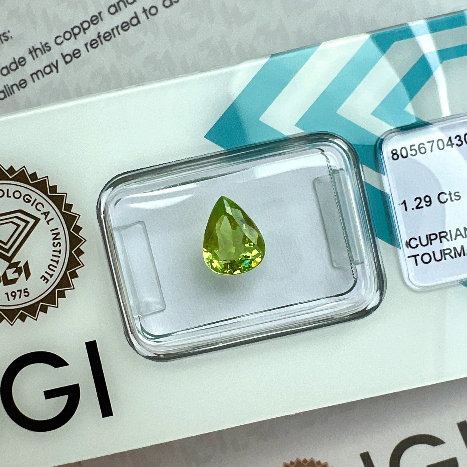 1.29ct IGI CERTIFIED Yellow Green NATURAL Cuprian PARAIBA Tourmaline Pear Cut — view 5
