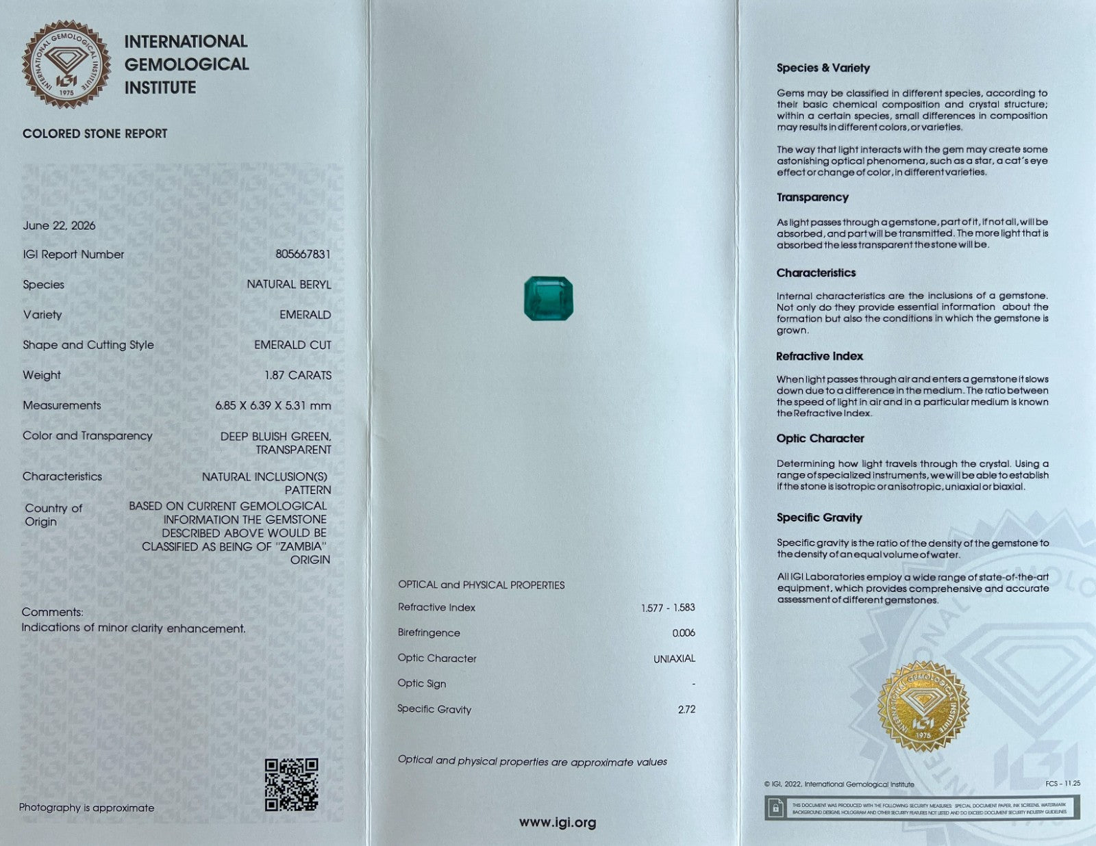 IGI CERTIFIED 1.87ct NATURAL Zambian Emerald Deep Green Octagon Cut Gemstone — view 2