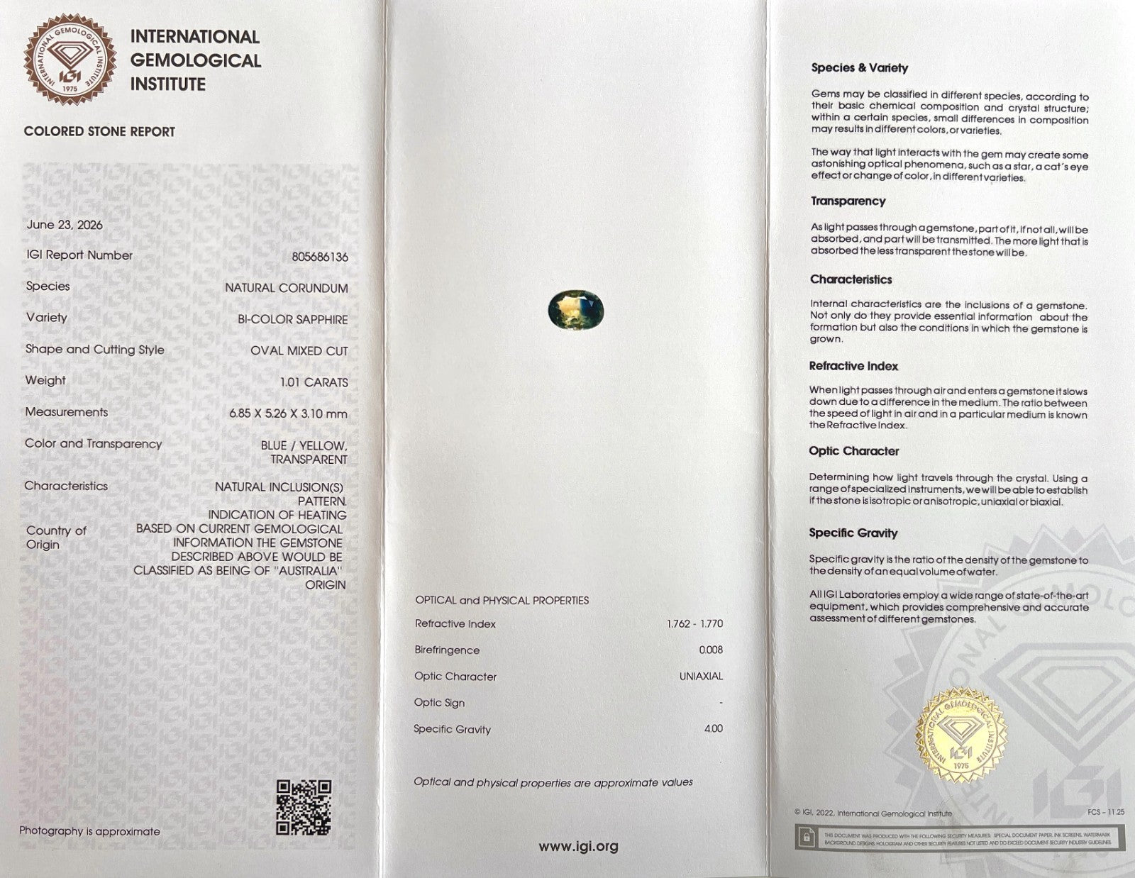 Unique IGI CERTIFIED Bi Colour 1.01ct Blue Yellow AUSTRALIAN Sapphire Oval Cut — view 2