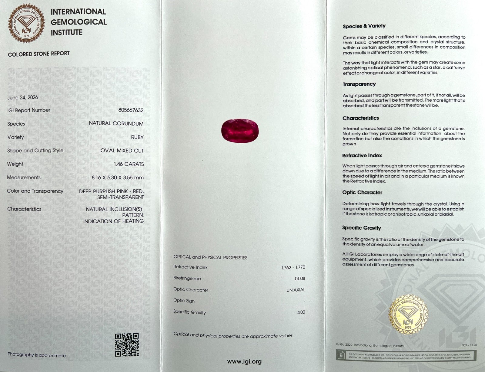Natural IGI CERTIFIED 1.46ct DEEP Purple Pink Red Ruby Oval Cut SEALED Gemstone — view 2