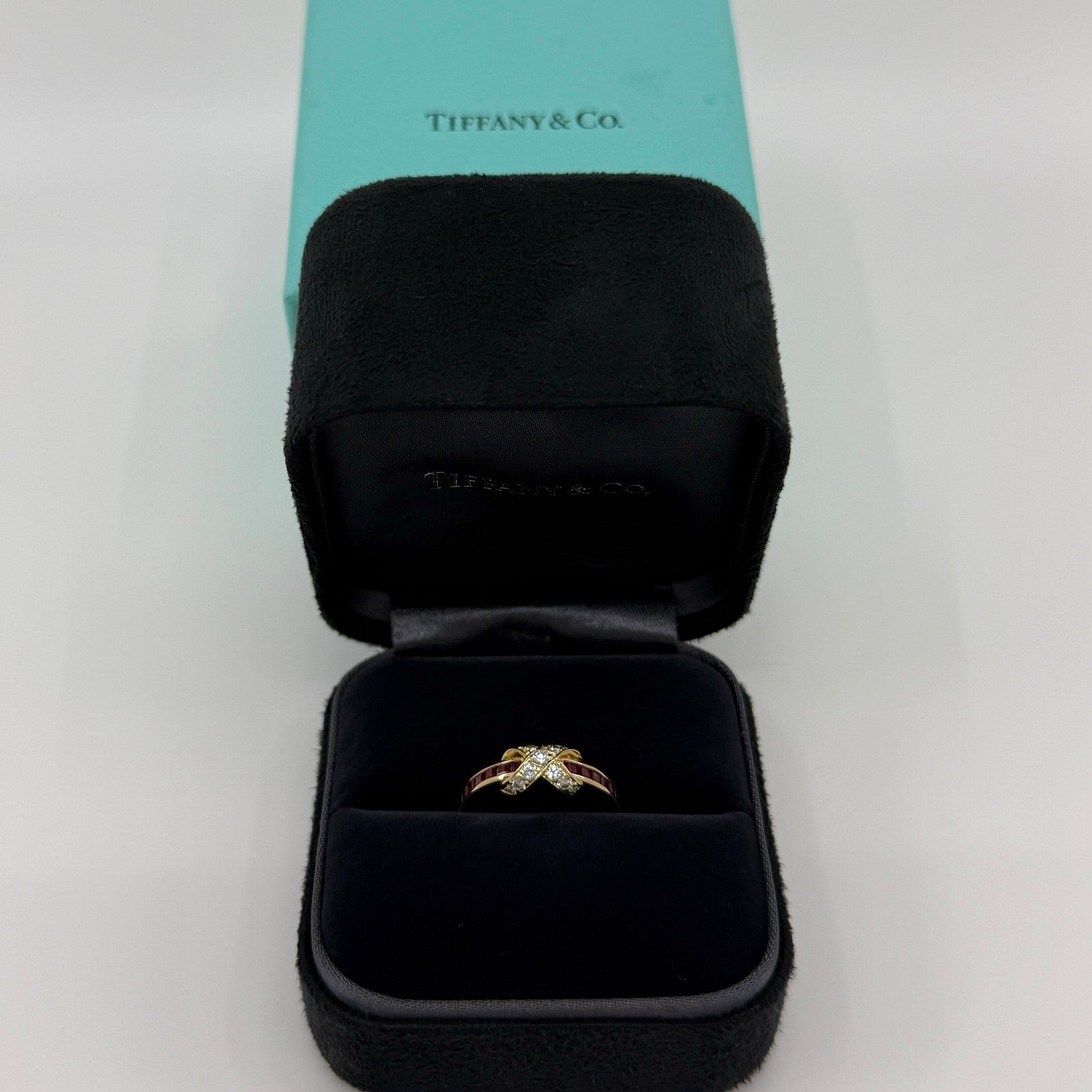 Rare Vintage Tiffany & Co 1970's Diamond Ruby 18k Gold Signature X Cross Ring — view 2