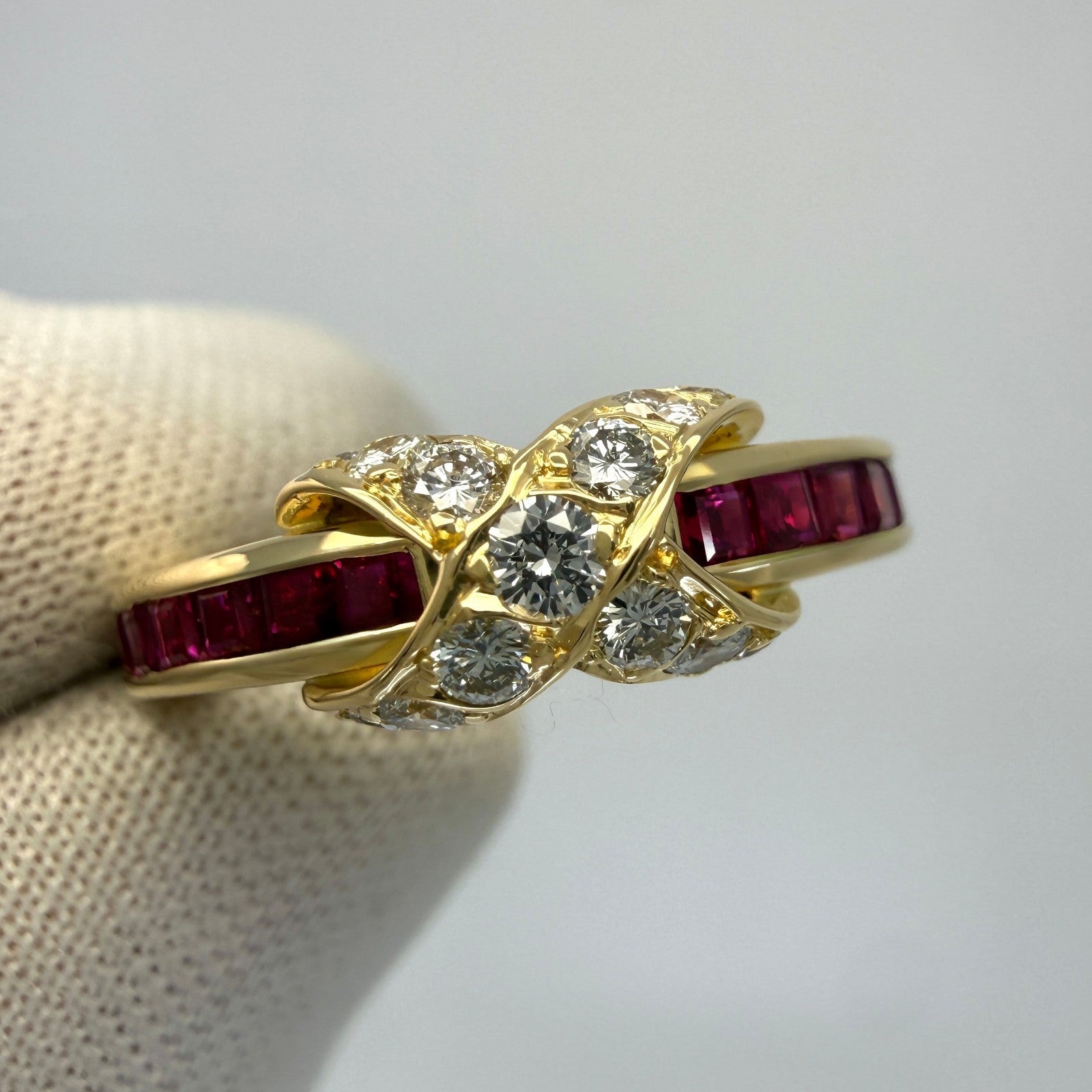 Rare Vintage Tiffany & Co 1970's Diamond Ruby 18k Gold Signature X Cross Ring — view 3