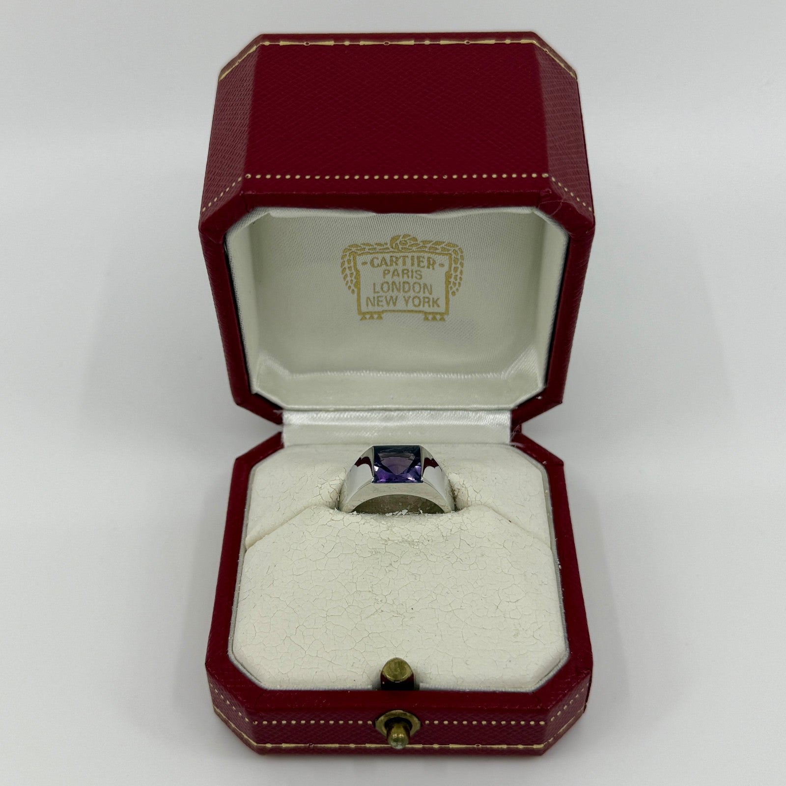 Large Size Cartier Blue Amethyst Square Cushion Cut 18k White Gold Tank Ring 51 — view 2