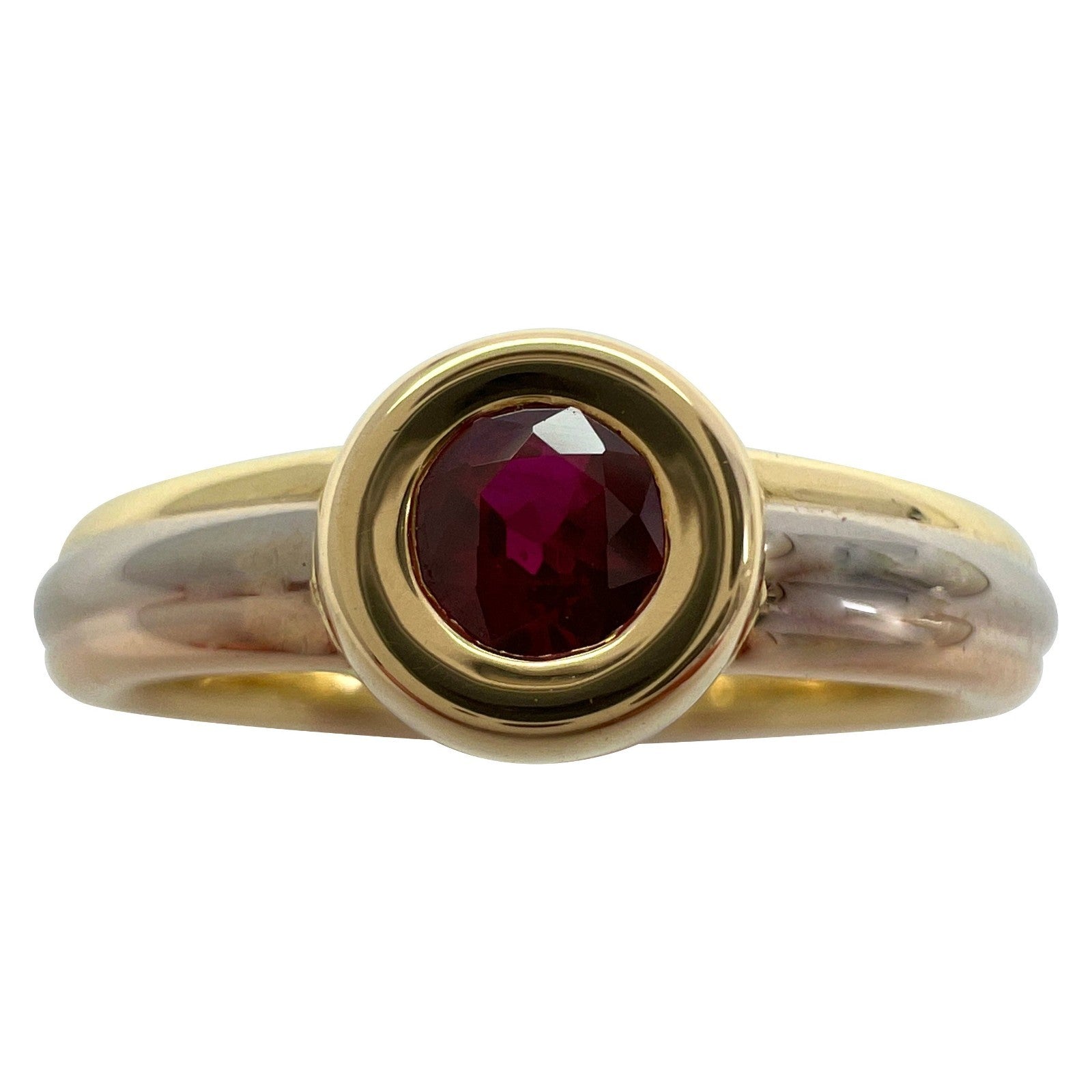 Vintage Cartier Vivid Ruby Round 18k Tricolour Multi Tone Gold Solitaire Ring 49