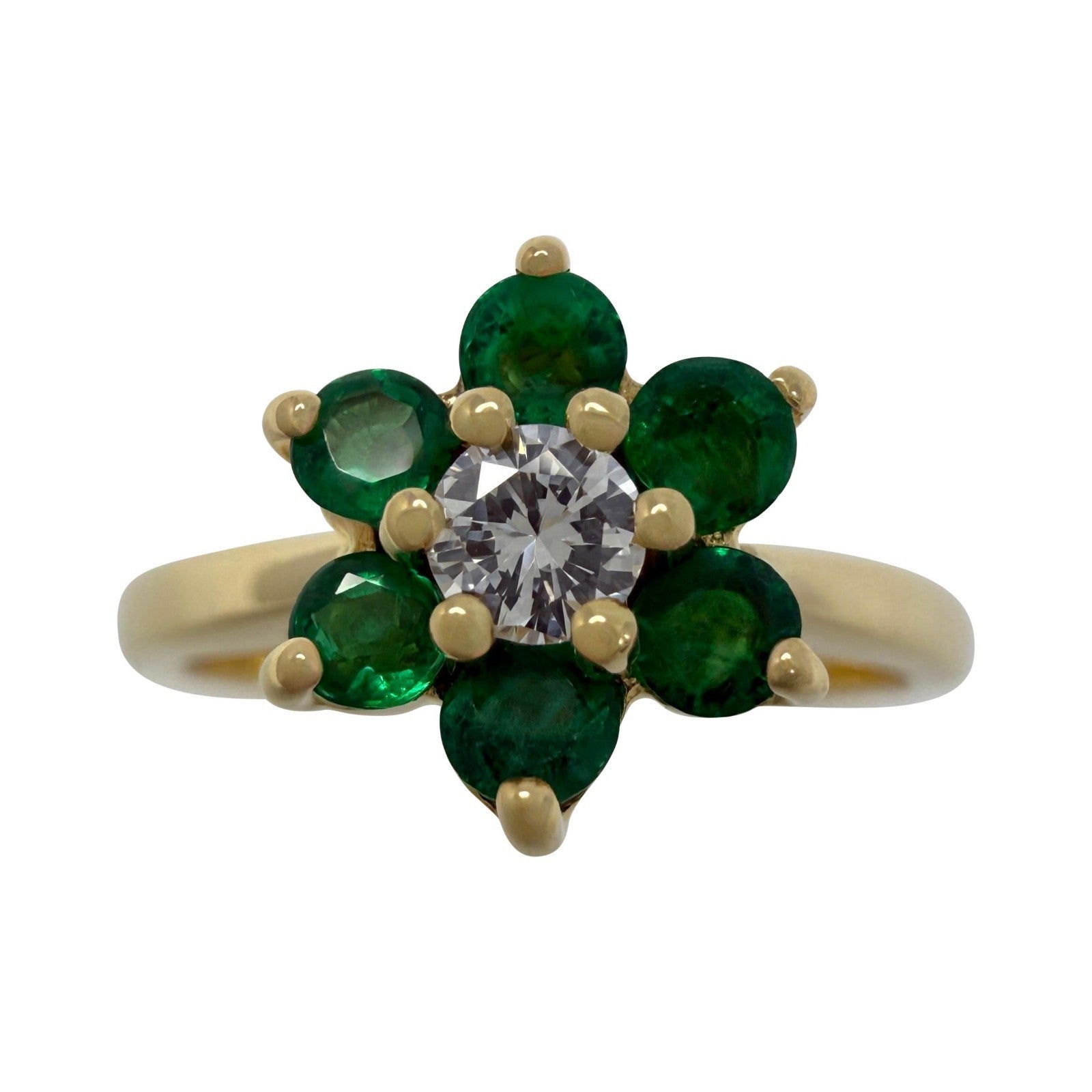 Vintage Tiffany & Co. Emerald And Diamond Flower 18k Yellow Gold Cluster Ring