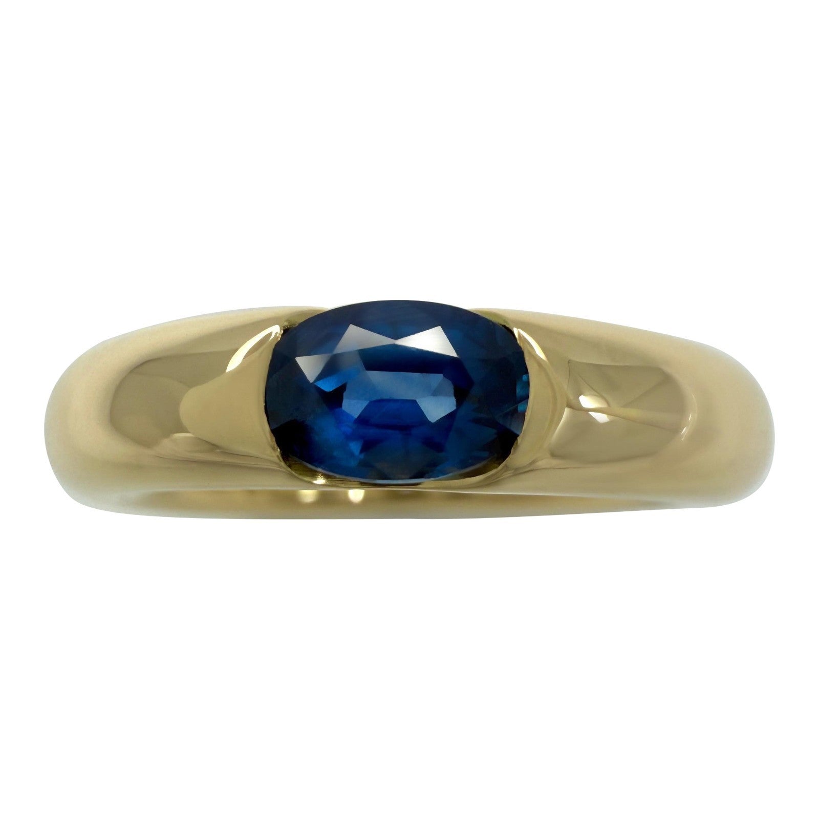 Vintage Cartier Vivid Blue Sapphire Oval Ellipse 18k Yellow Gold Solitaire Ring