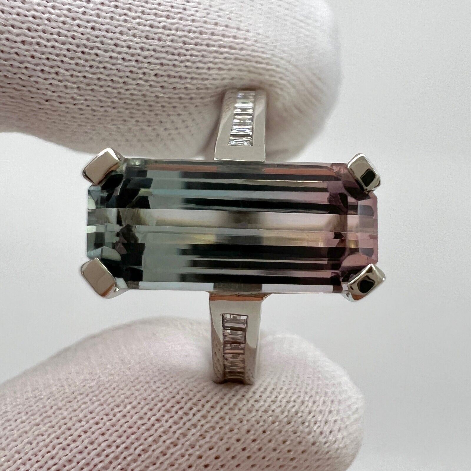Unique 4 Carat Fancy Bi Colour Tourmaline & Diamond 18k White Gold Squashy Ring — view 2
