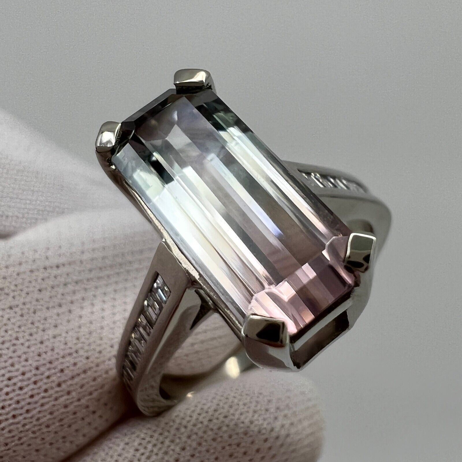 Unique 4 Carat Fancy Bi Colour Tourmaline & Diamond 18k White Gold Squashy Ring — view 3