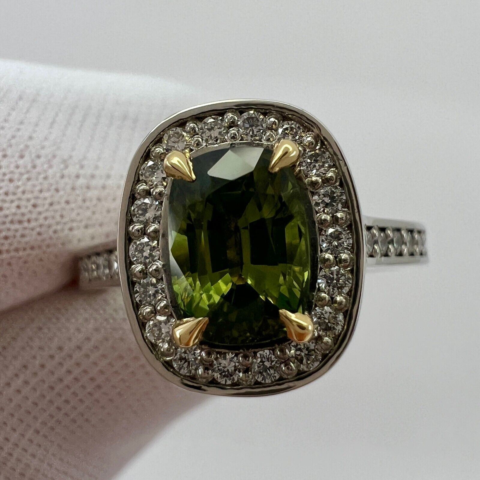 GIA Certified Untreated Vivid Green Thai Sapphire & Diamond 18k Gold Halo Ring — view 2