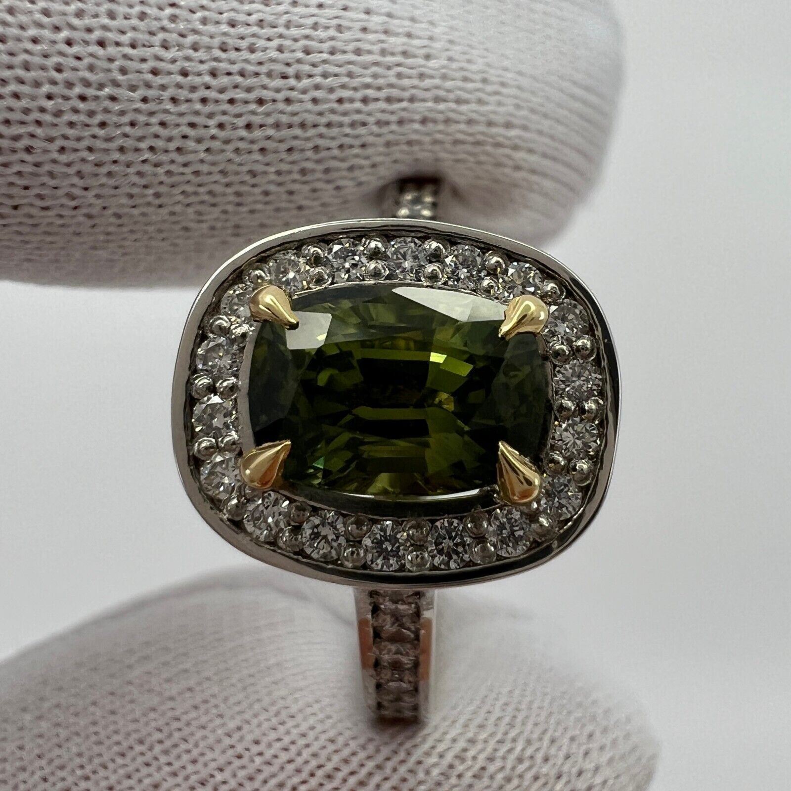 GIA Certified Untreated Vivid Green Thai Sapphire & Diamond 18k Gold Halo Ring — view 3