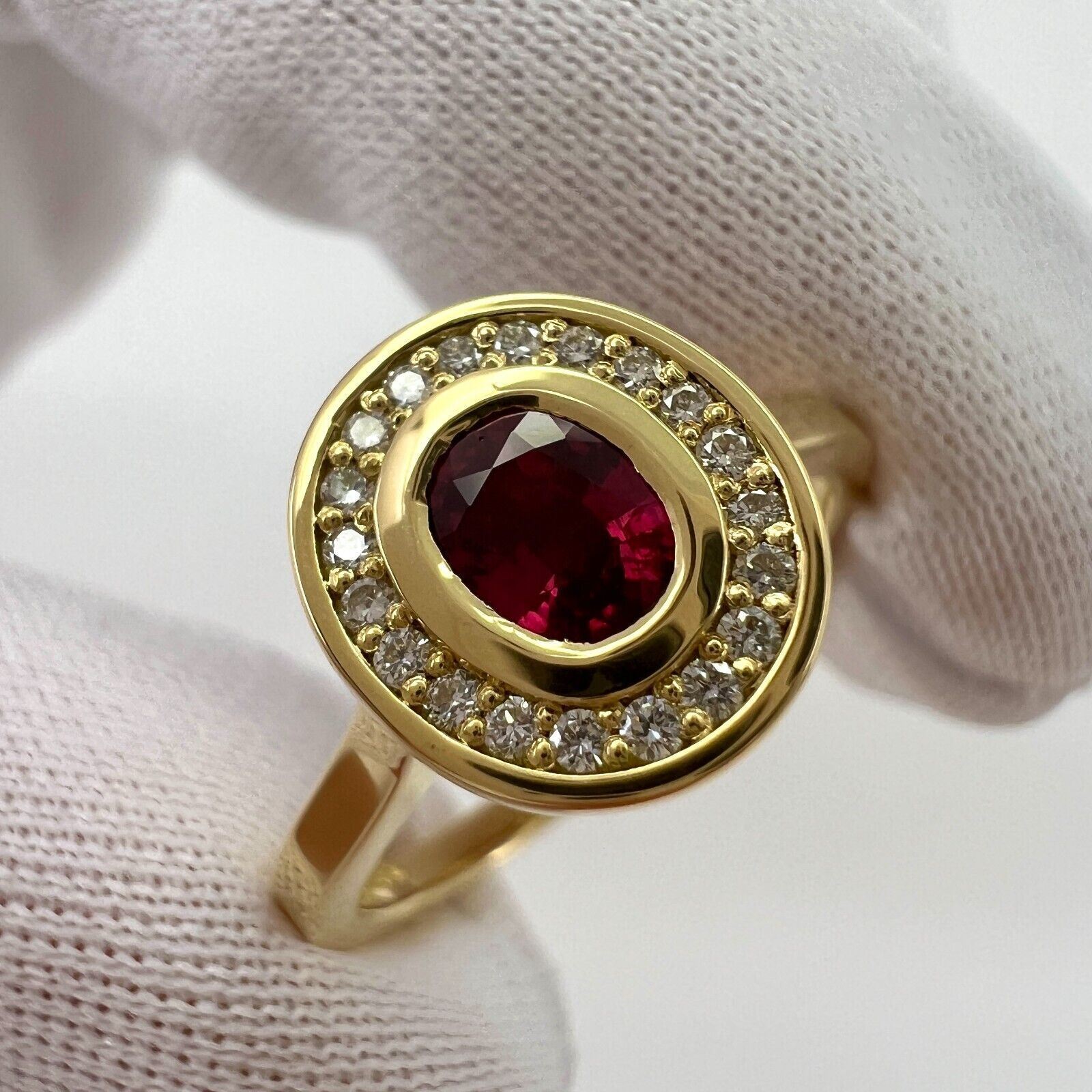 Fine Untreated Deep Red Ruby & Diamond Oval 18k Yellow Gold Halo Rubover Ring — view 2