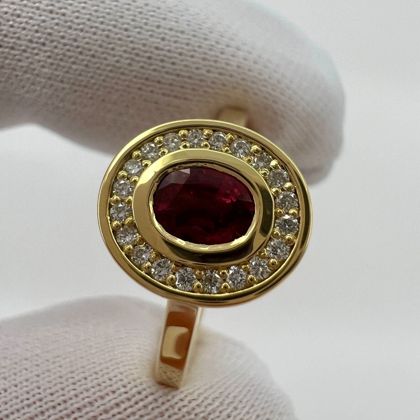 Fine Untreated Deep Red Ruby & Diamond Oval 18k Yellow Gold Halo Rubover Ring — view 3