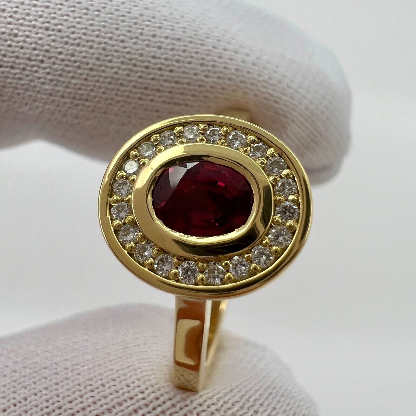 Fine Untreated Deep Red Ruby & Diamond Oval 18k Yellow Gold Halo Rubover Ring — view 4